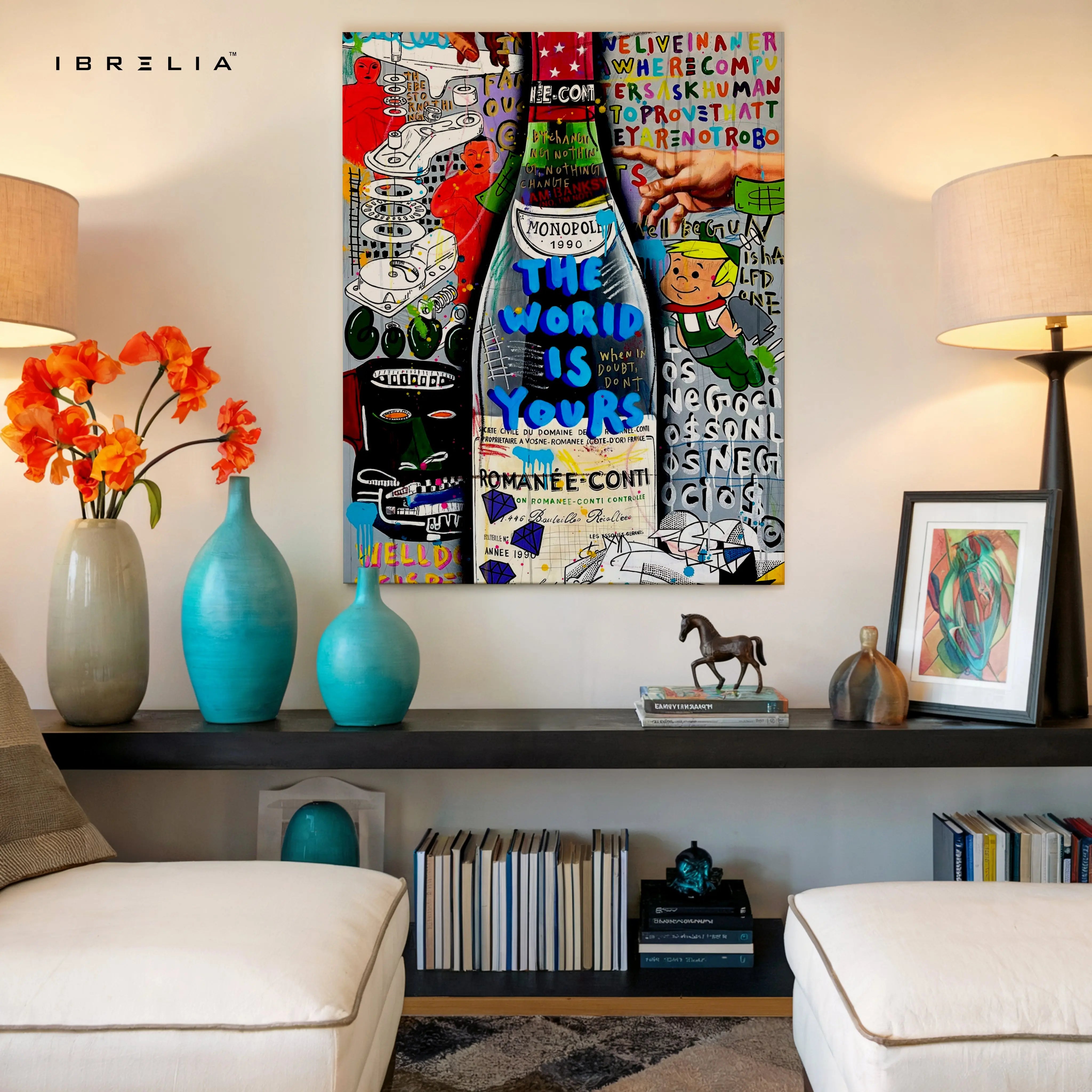 Luxury Graffiti Bottle Wall Art – Street Pop Champagne Poster | Monopoly Style Abstract Wealth Art Frame Pakistan | IBRELIA™ IBRELIA