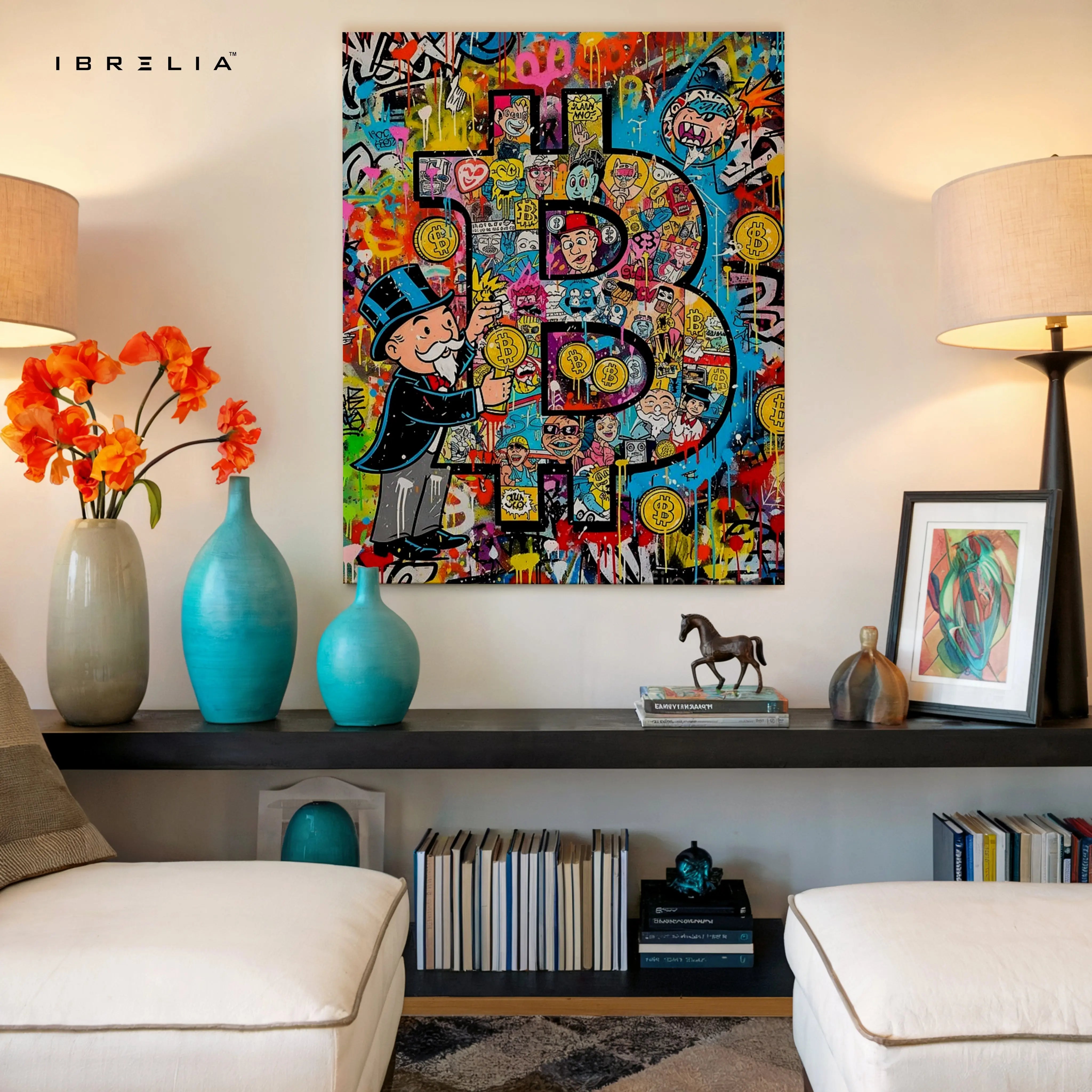 Bitcoin Graffiti Wall Art – Crypto Street Art Canvas | Monopoly Bitcoin Poster | Modern Finance Wall Decor Pakistan | IBRELIA™ IBRELIA