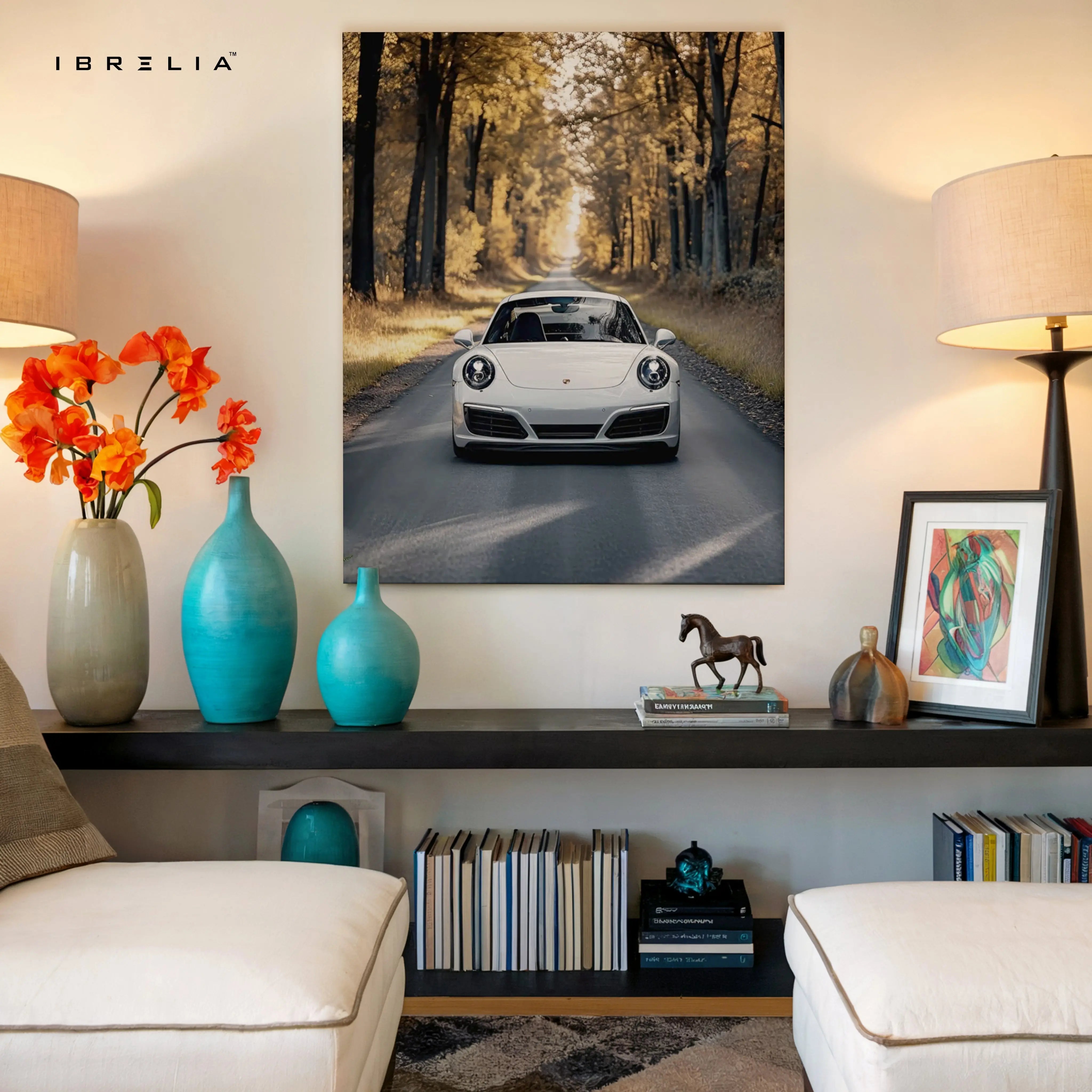Porsche Forest Drive Art – Luxury Supercar Autumn Road Wall Art | 4K Ultra Wrap Frame Wall Art in Pakistan | IBRELIA™ IBRELIA