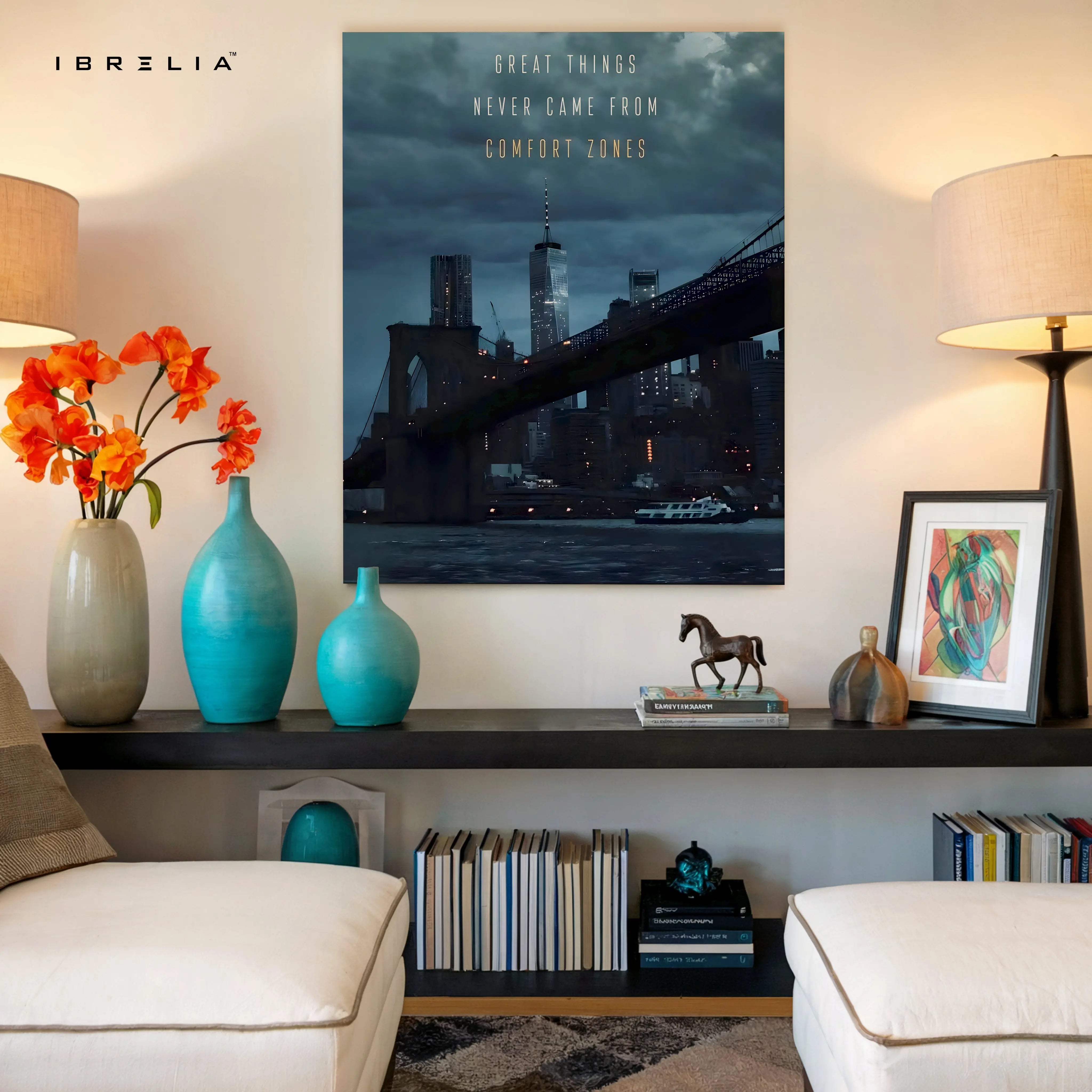 Great Things Never Came From Comfort Zones Wall Art – Motivational Cityscape Canvas Frame | Inspirational Quote Poster Pakistan | IBRELIA™ IBRELIA