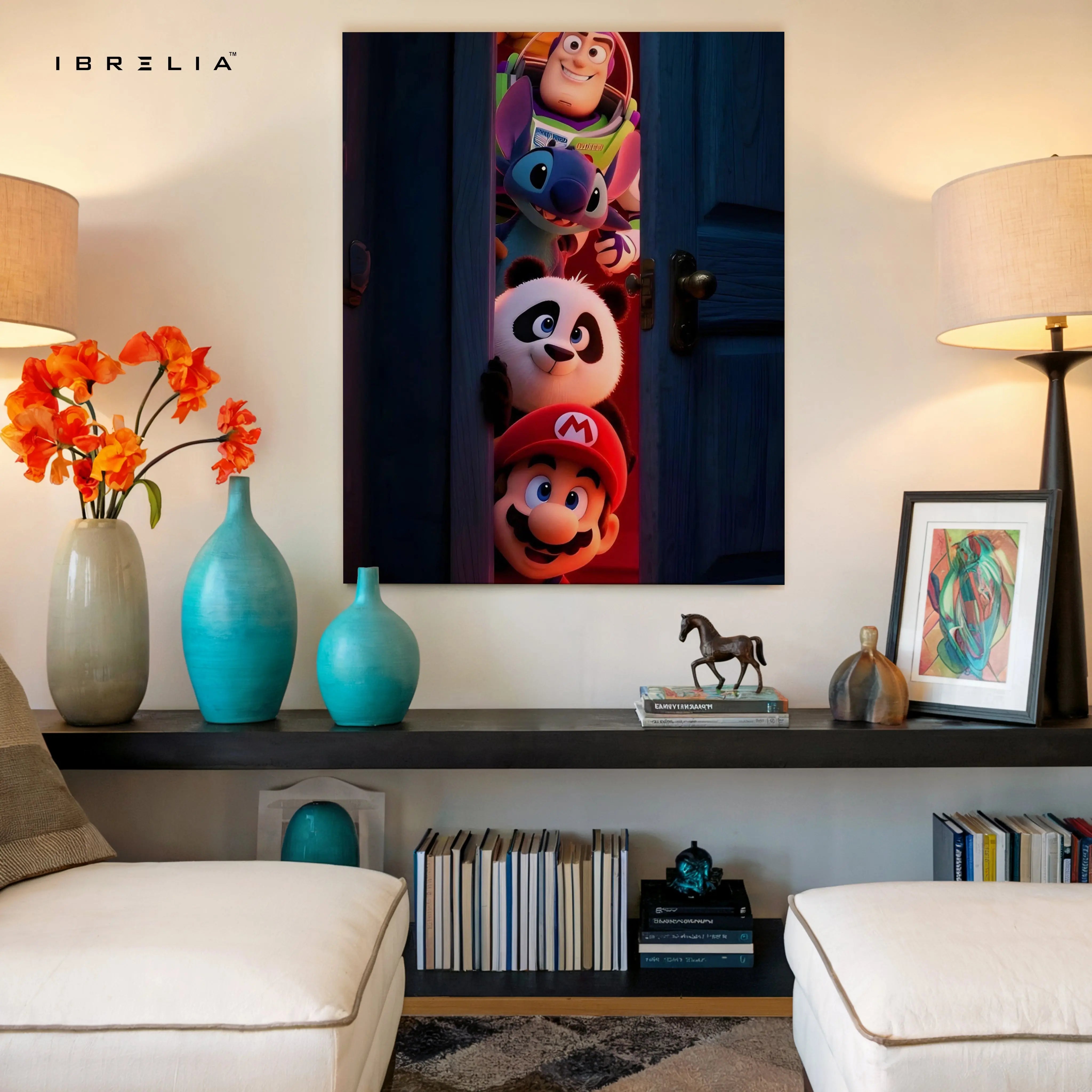 Cartoon Crossover Door Wall Art – Mario Buzz Stitch Panda Canvas Frame | Gaming & Character Decor Pakistan | IBRELIA™ IBRELIA