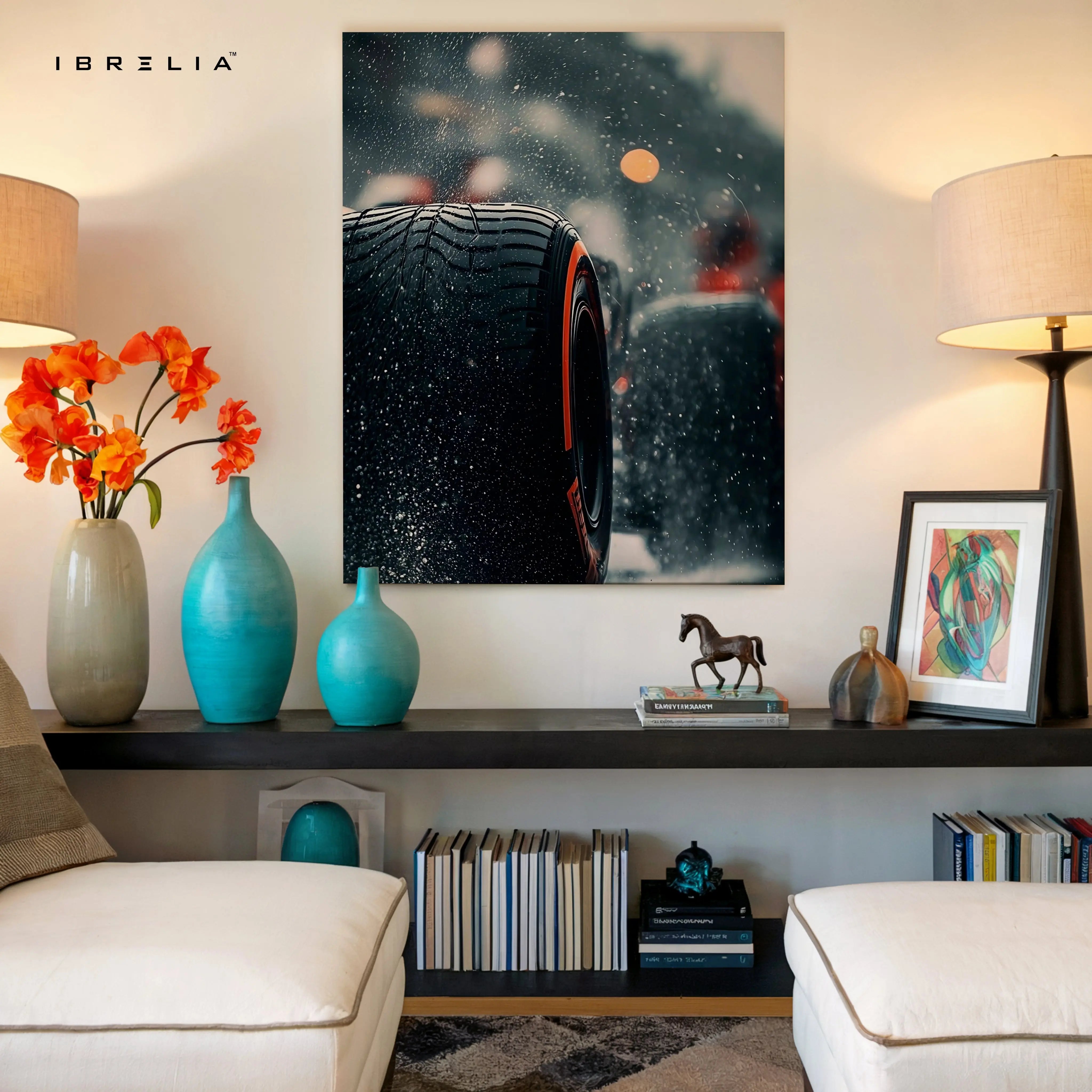 Performance Tire Rain Motion Wall Art – High Speed Automotive Canvas Frame Pakistan | Racing Detail Poster | IBRELIA™ IBRELIA