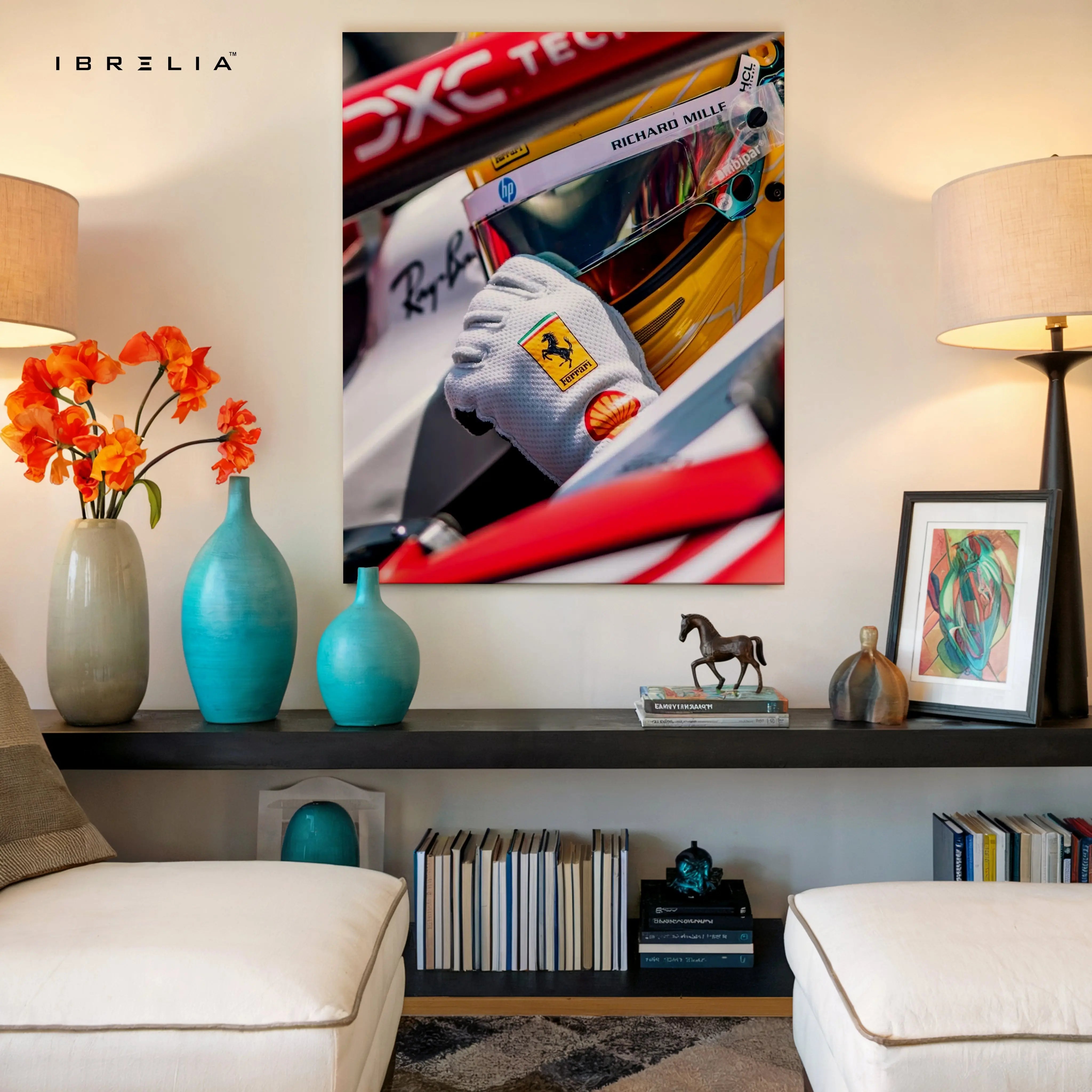 Ferrari F1 Driver Helmet Wall Art – Racing Motorsport Canvas Frame | Formula 1 Speed Poster Pakistan | IBRELIA™ IBRELIA