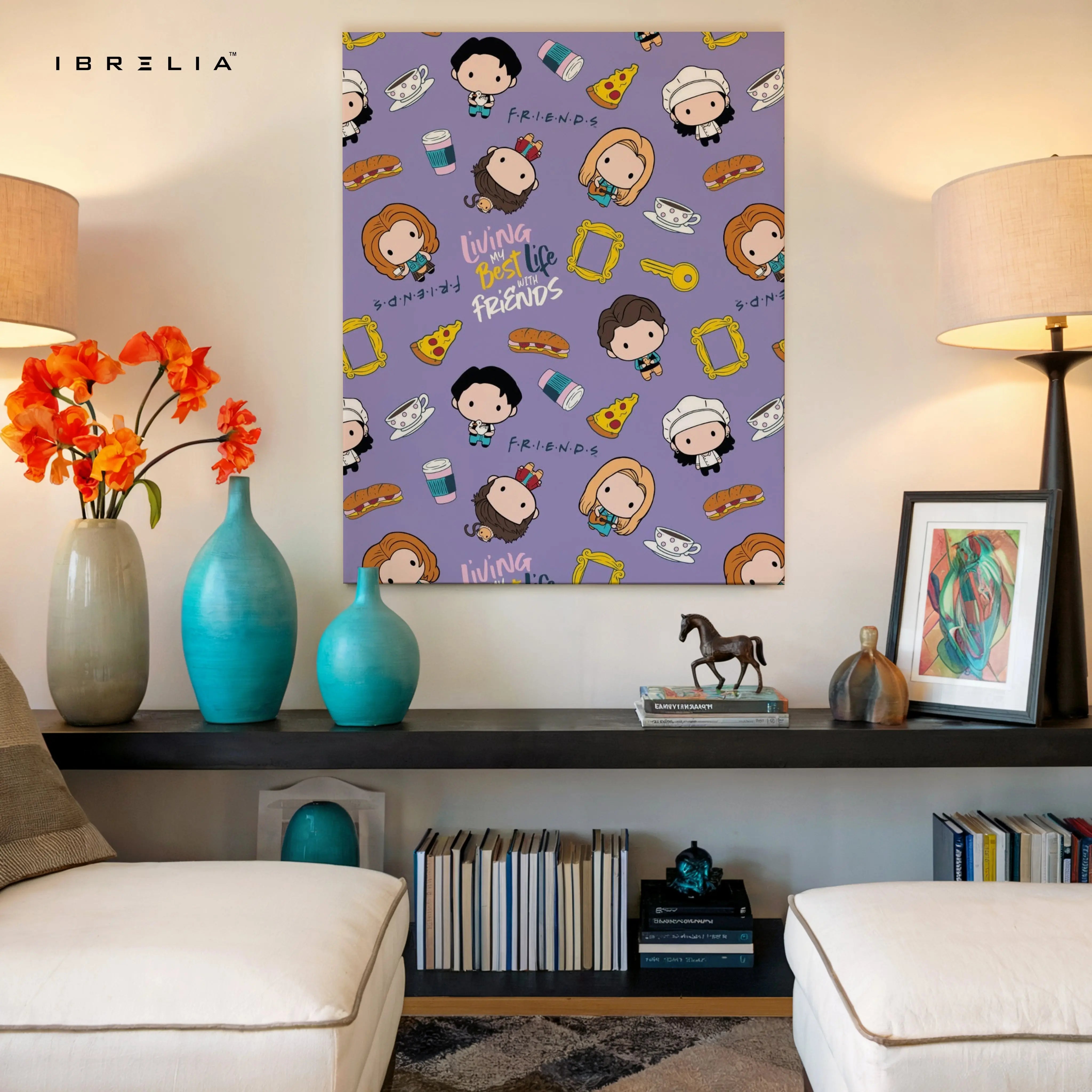 Friends Cartoon Pattern Wall Art – Cute Sitcom Canvas Frame | Friends Aesthetic Poster Pakistan | IBRELIA™ IBRELIA