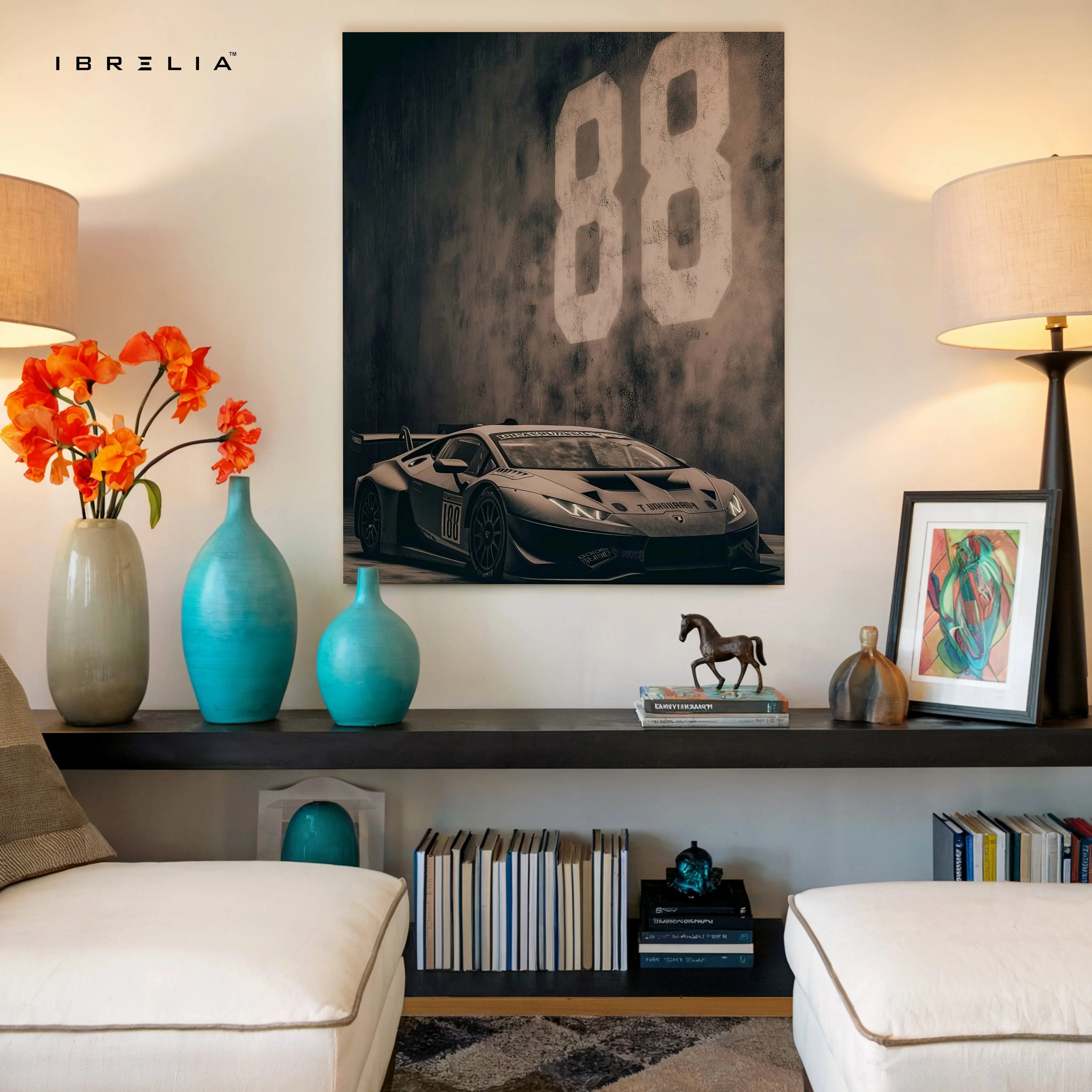 Lamborghini Huracán 88 Racing Wall Art – Dark Supercar Canvas Frame | Luxury Car Poster Pakistan | IBRELIA™ IBRELIA