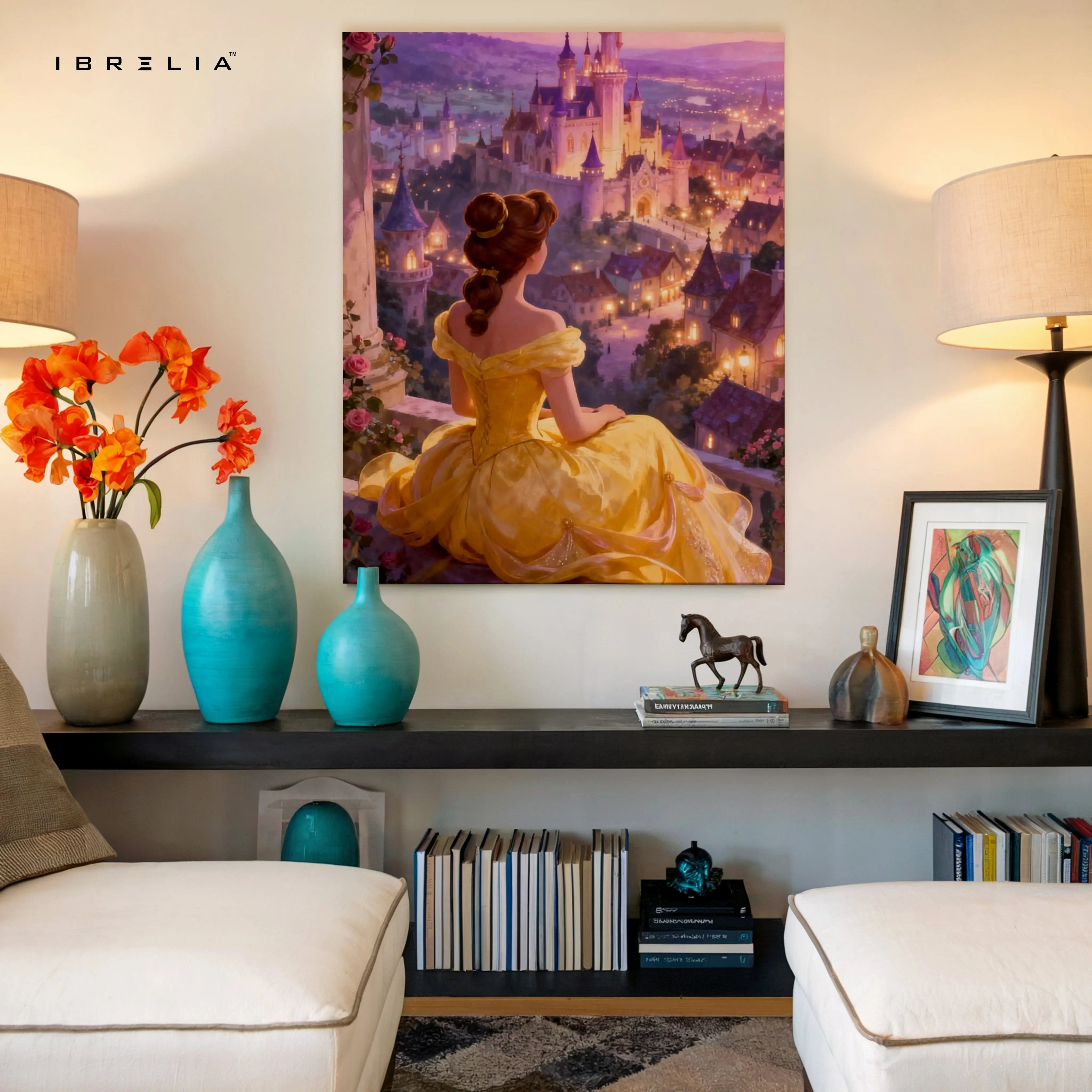 Golden Princess Castle View Wall Art – Royal Fantasy Canvas Frame | Elegant Dreamy Decor Pakistan | IBRELIA™ IBRELIA