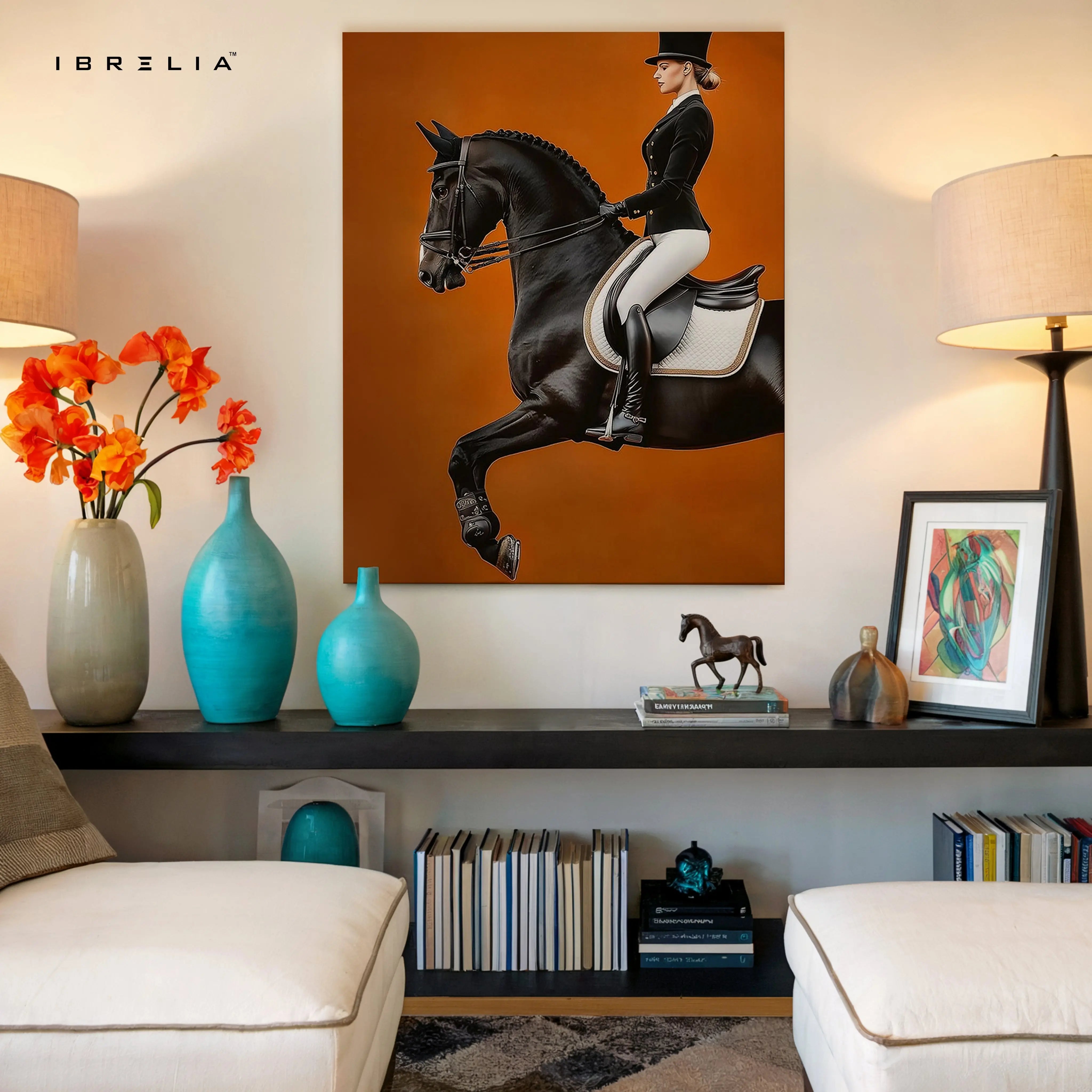 Royal Dressage Elegance Art – Black Horse Rider Luxury Minimal Wall Art | 4K Ultra Wrap Frame Wall Art in Pakistan | IBRELIA™ IBRELIA