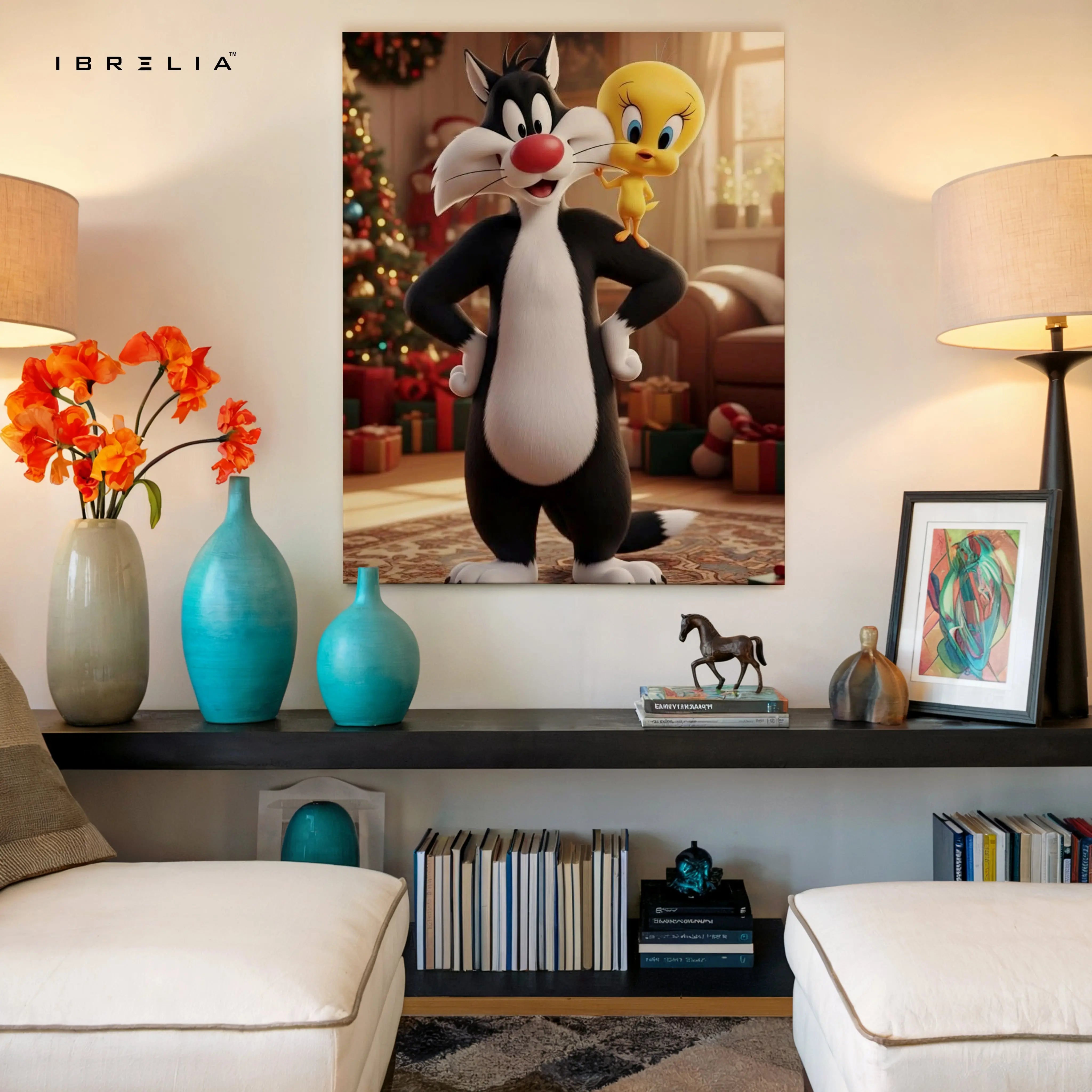 Sylvester & Tweety Wall Art – Cartoon Character Canvas Frame | Cute Animated Poster Pakistan | IBRELIA™ IBRELIA