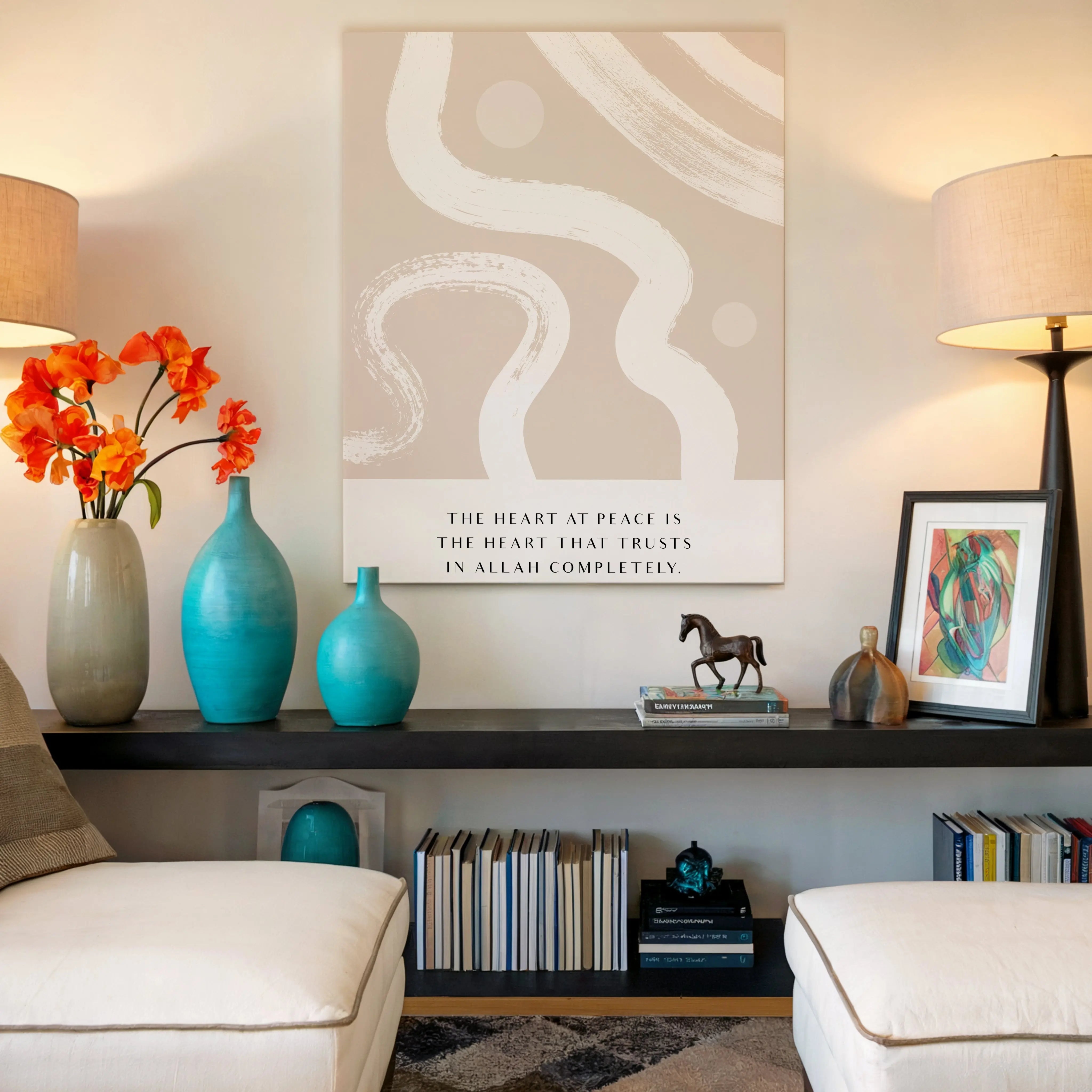 The Heart at Peace Islamic Quote Wall Art – Modern Neutral Abstract Design | 4K Ultra Wrap Frame Wall Art in Pakistan | IBRELIA™ IBRELIA