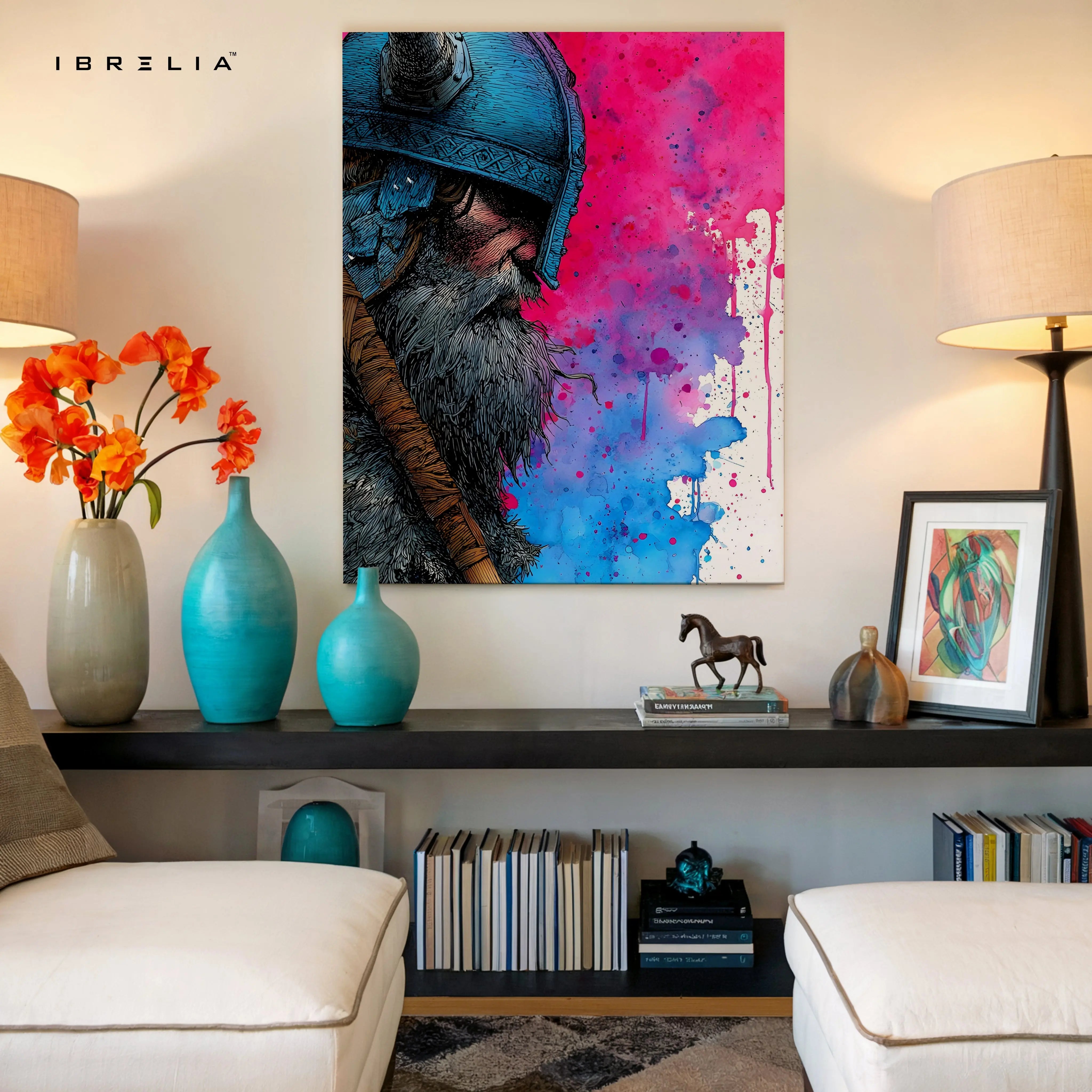 Viking Warrior Portrait Wall Art – Color Splash Norse Canvas Frame | Bold Warrior Illustration Poster Pakistan | IBRELIA™ IBRELIA