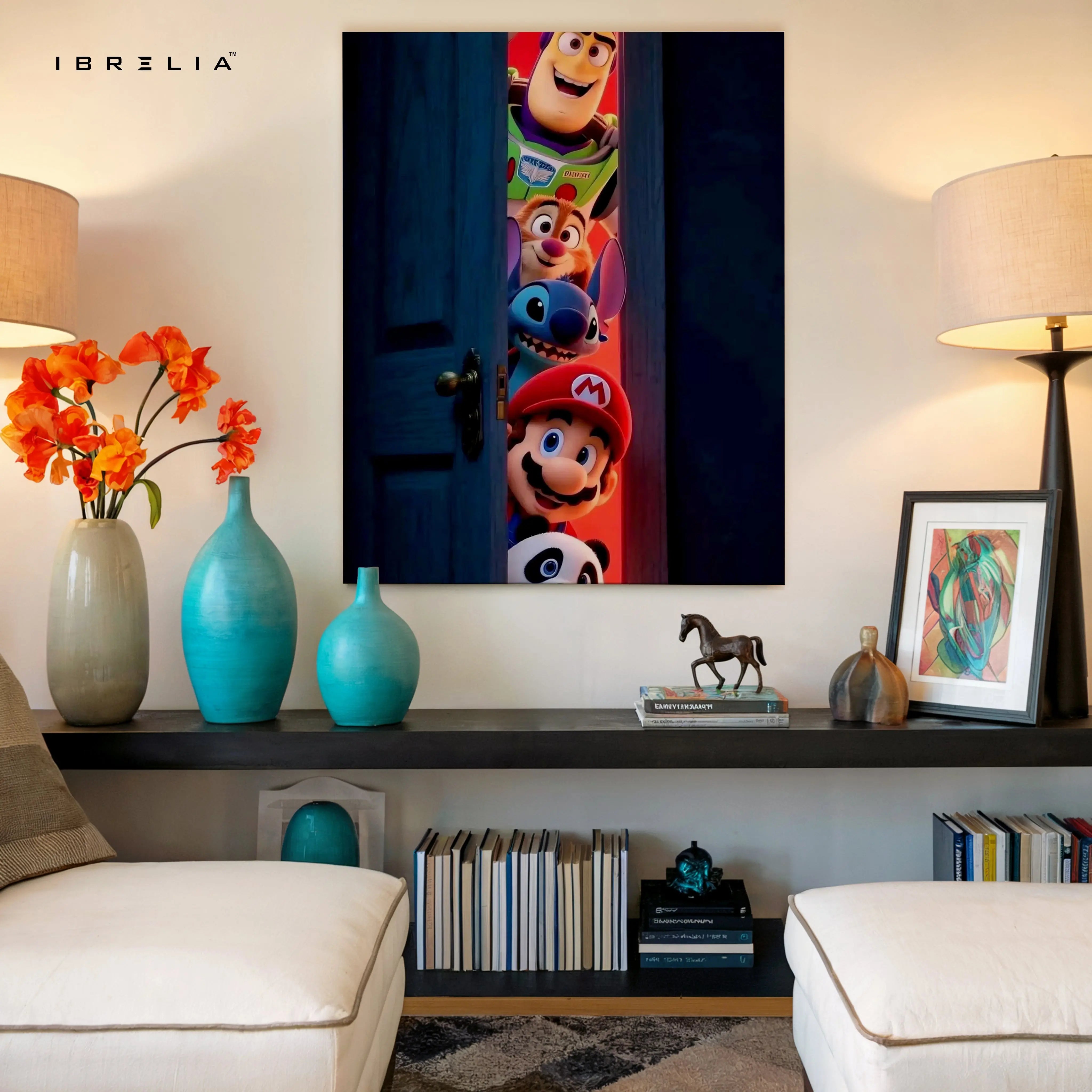 Cartoon Door Peek Wall Art – Animated Characters Canvas Frame | Fun Gaming & Movie Decor Pakistan | IBRELIA™ IBRELIA