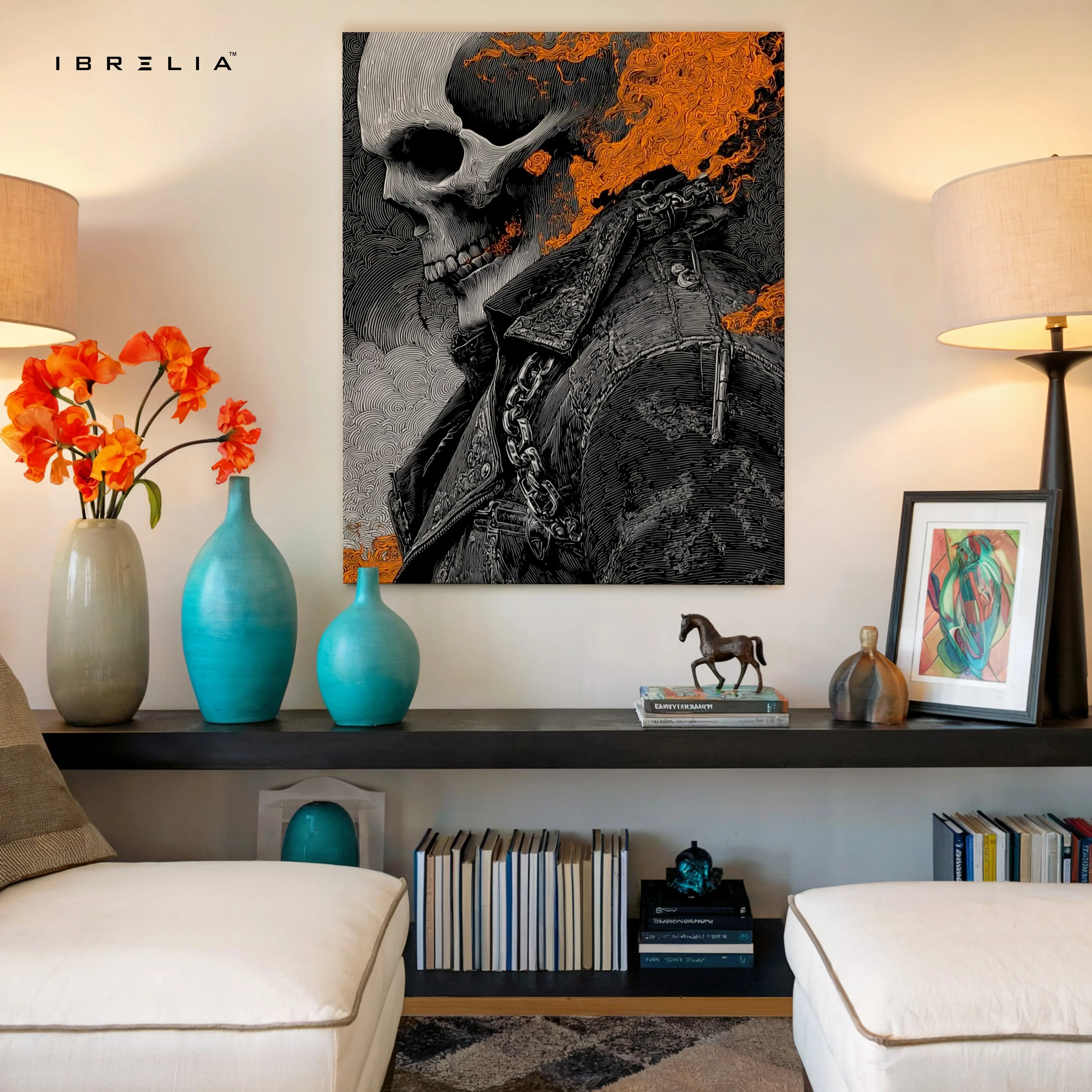 Flaming Skull Wall Art – Dark Biker Canvas Frame | Fire Skull Poster Pakistan | IBRELIA™ IBRELIA