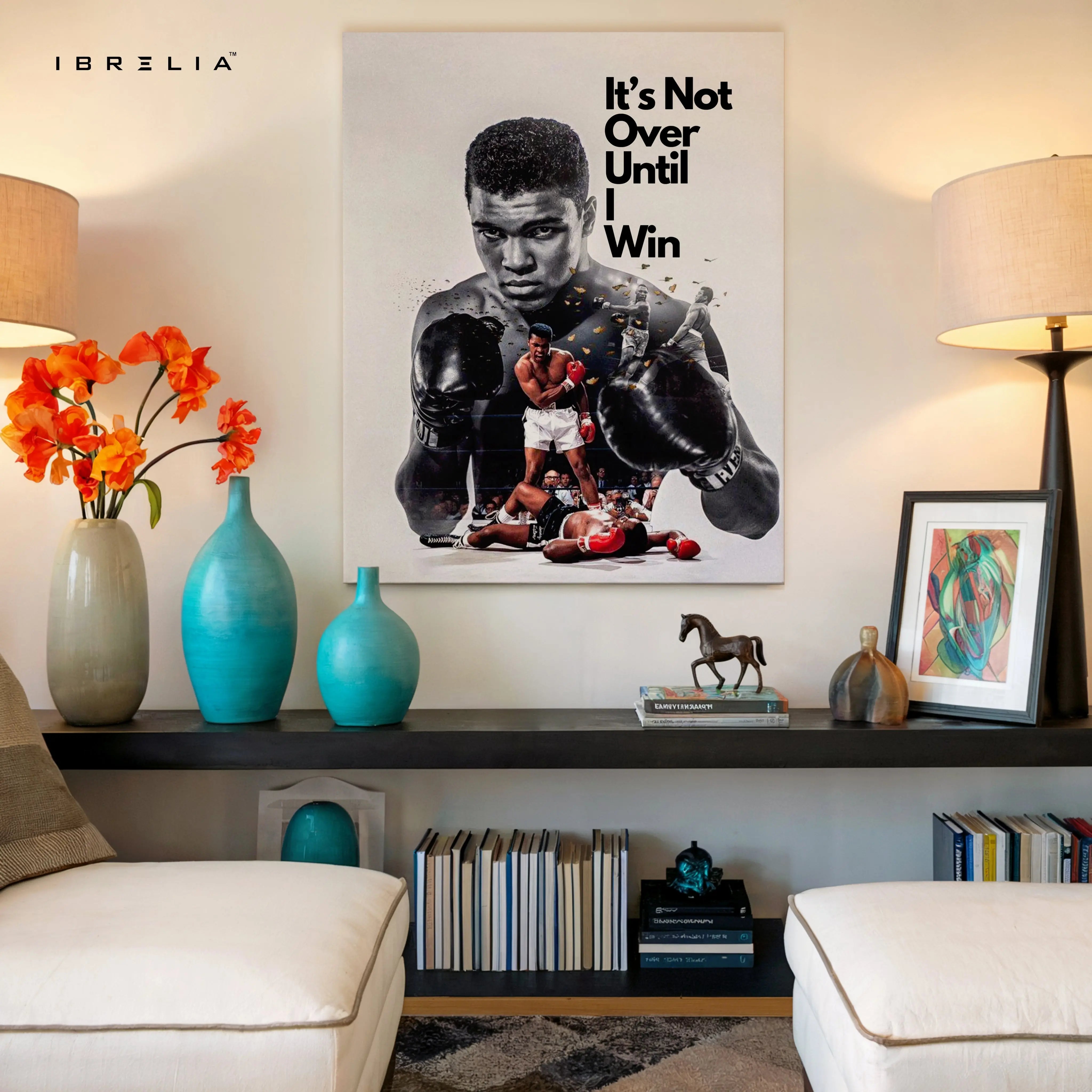 Muhammad Ali Motivation Wall Art – “It’s Not Over Until I Win” Canvas Frame | Boxing Quote Poster Pakistan | IBRELIA™ IBRELIA