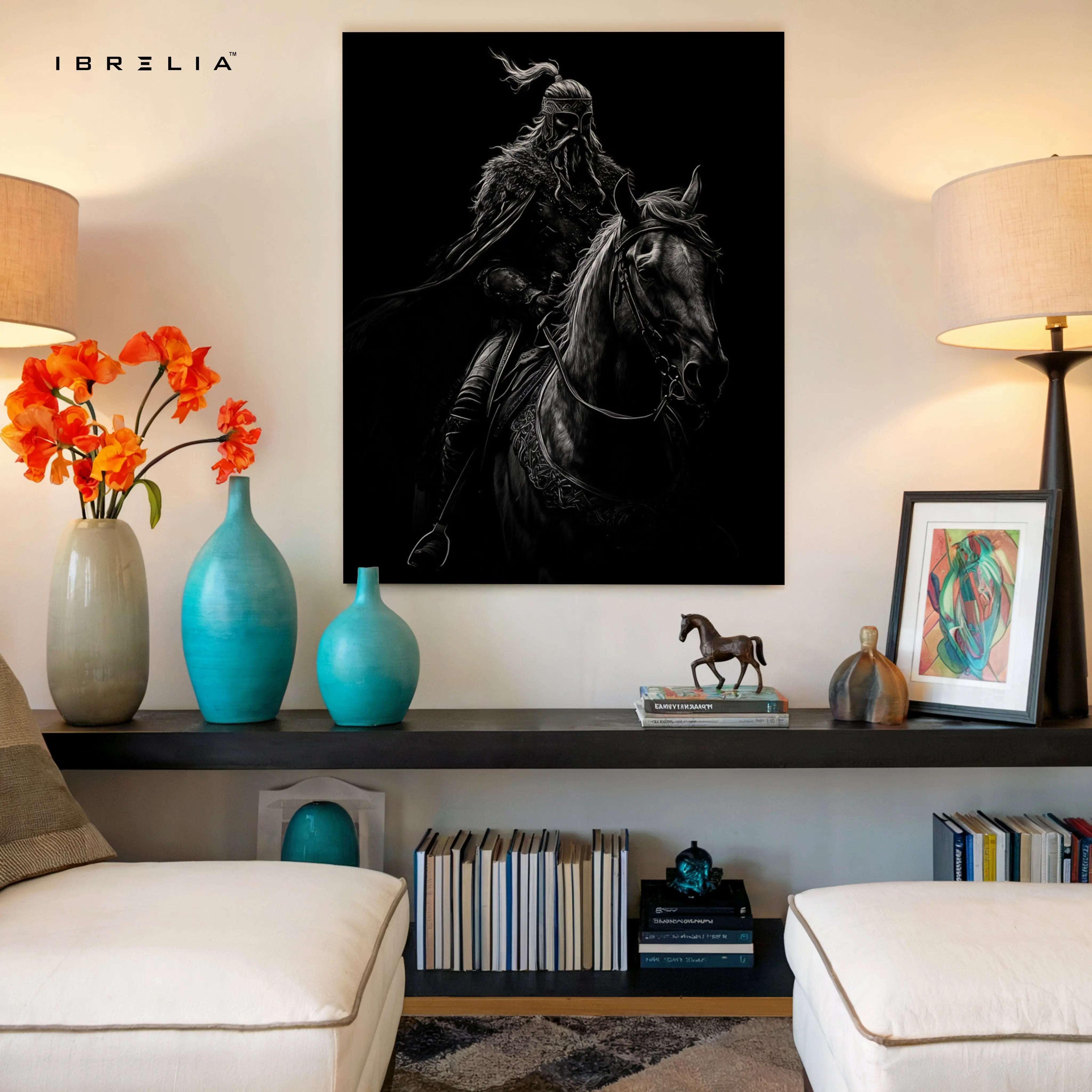 Dark Warrior Wall Art – Viking Rider Canvas Frame | Black Aesthetic Horse Poster Pakistan | IBRELIA™ IBRELIA