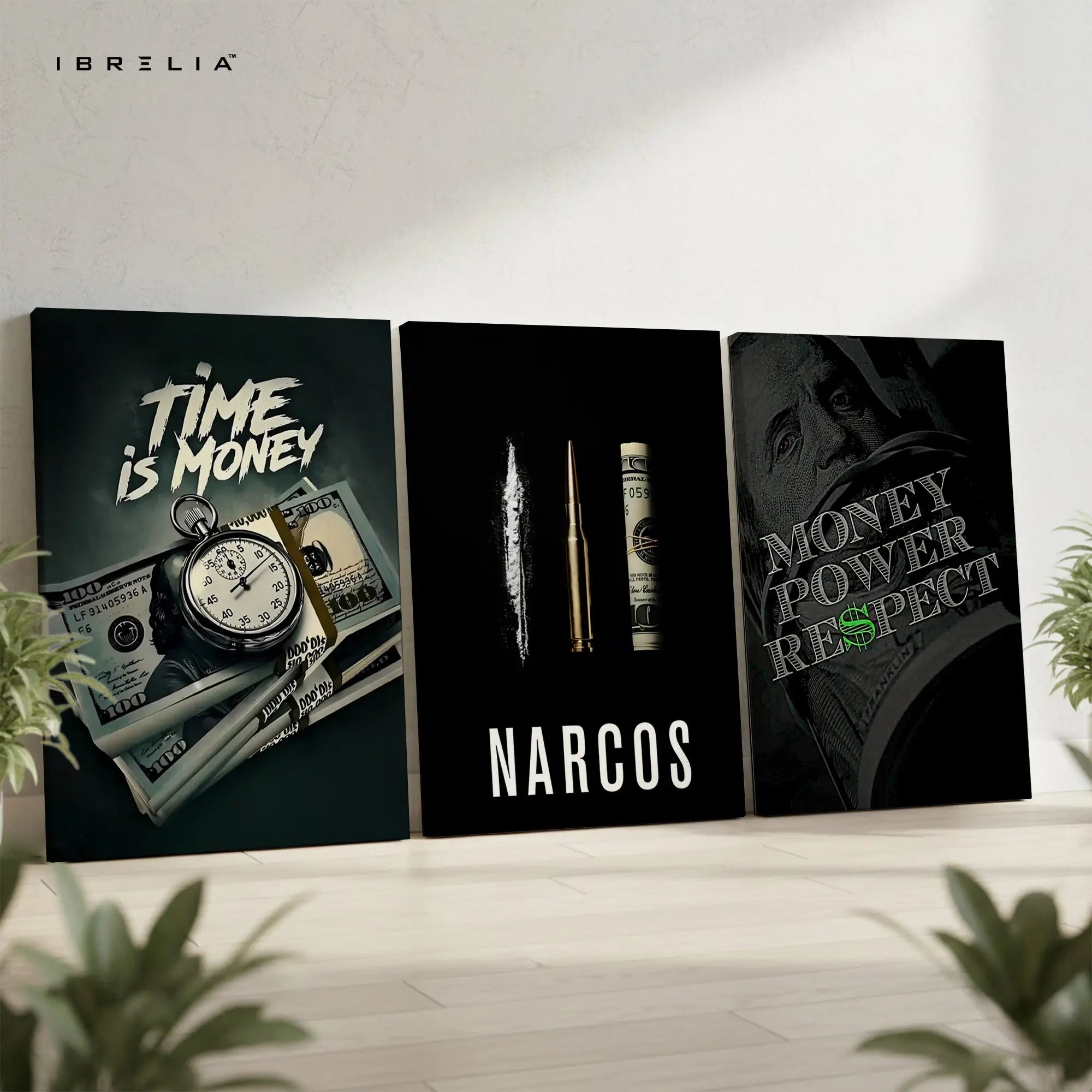 Narcos Money Power Respect 3 Panel 4K Ultra HD Wall Art in Pakistan | IBRELIA™ IBRELIA