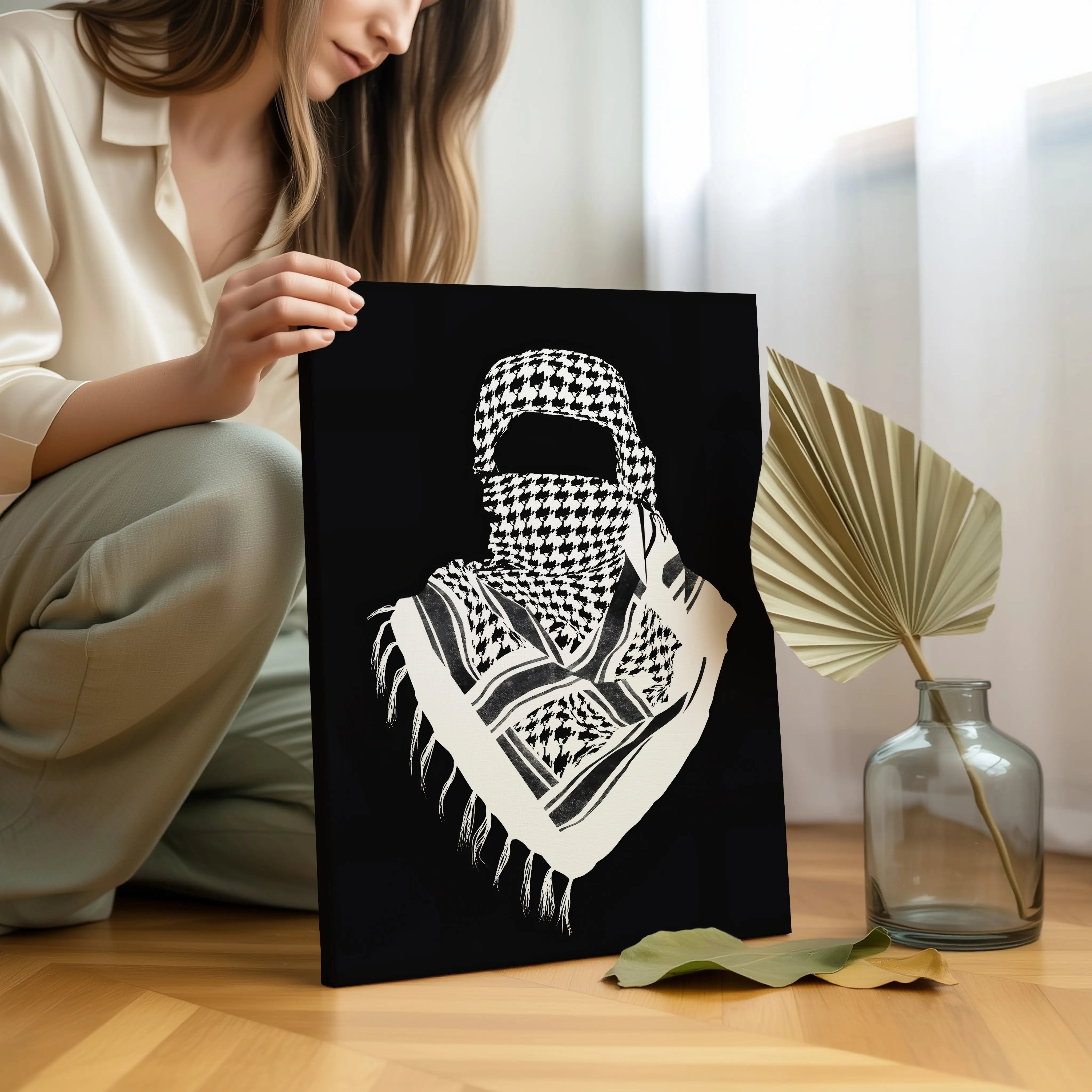 Palestinian Keffiyeh Resistance Art – Minimal Black & White Solidarity Wall Art | 4K Ultra Wrap Frame Wall Art in Pakistan | IBRELIA™ IBRELIA