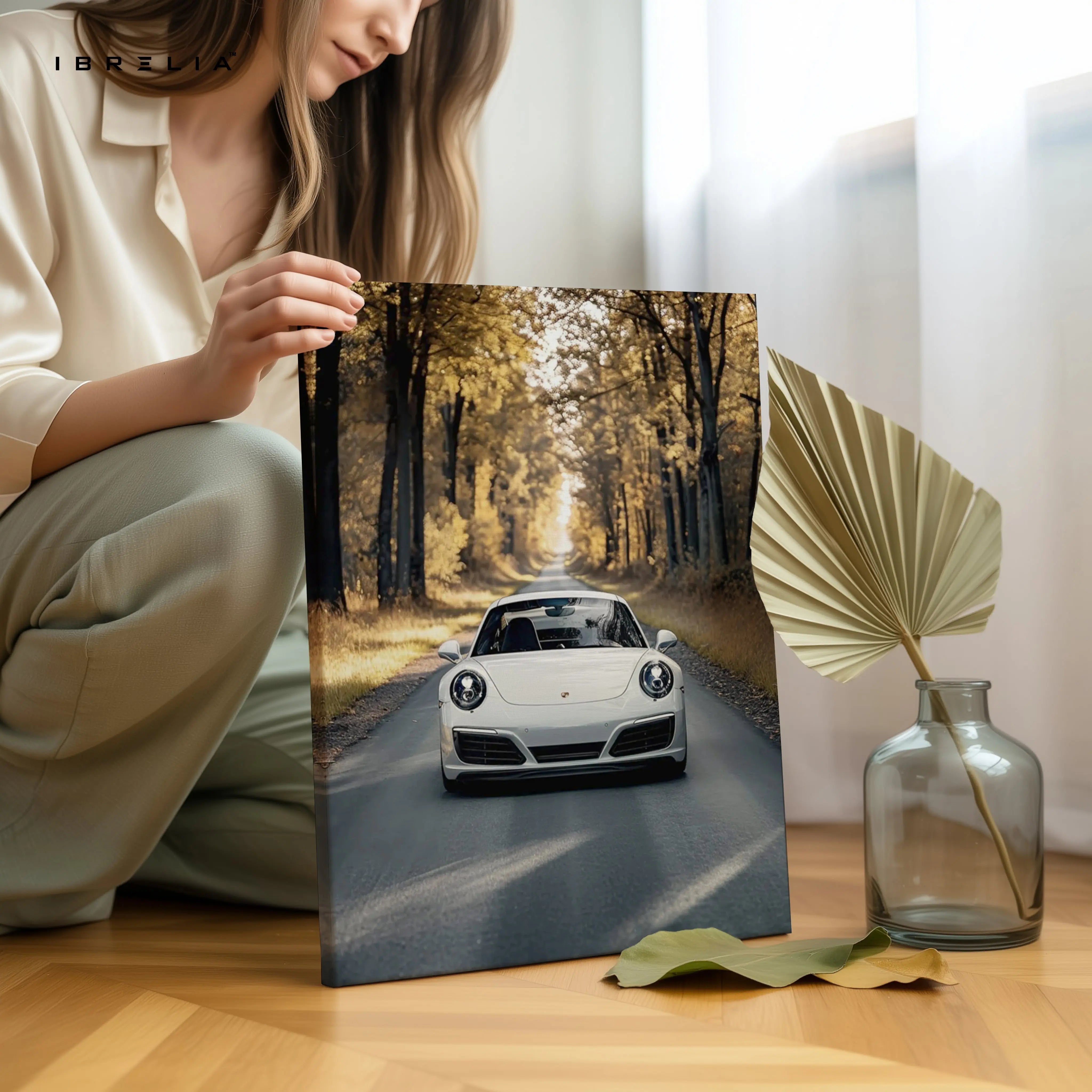 Porsche Forest Drive Art – Luxury Supercar Autumn Road Wall Art | 4K Ultra Wrap Frame Wall Art in Pakistan | IBRELIA™ IBRELIA