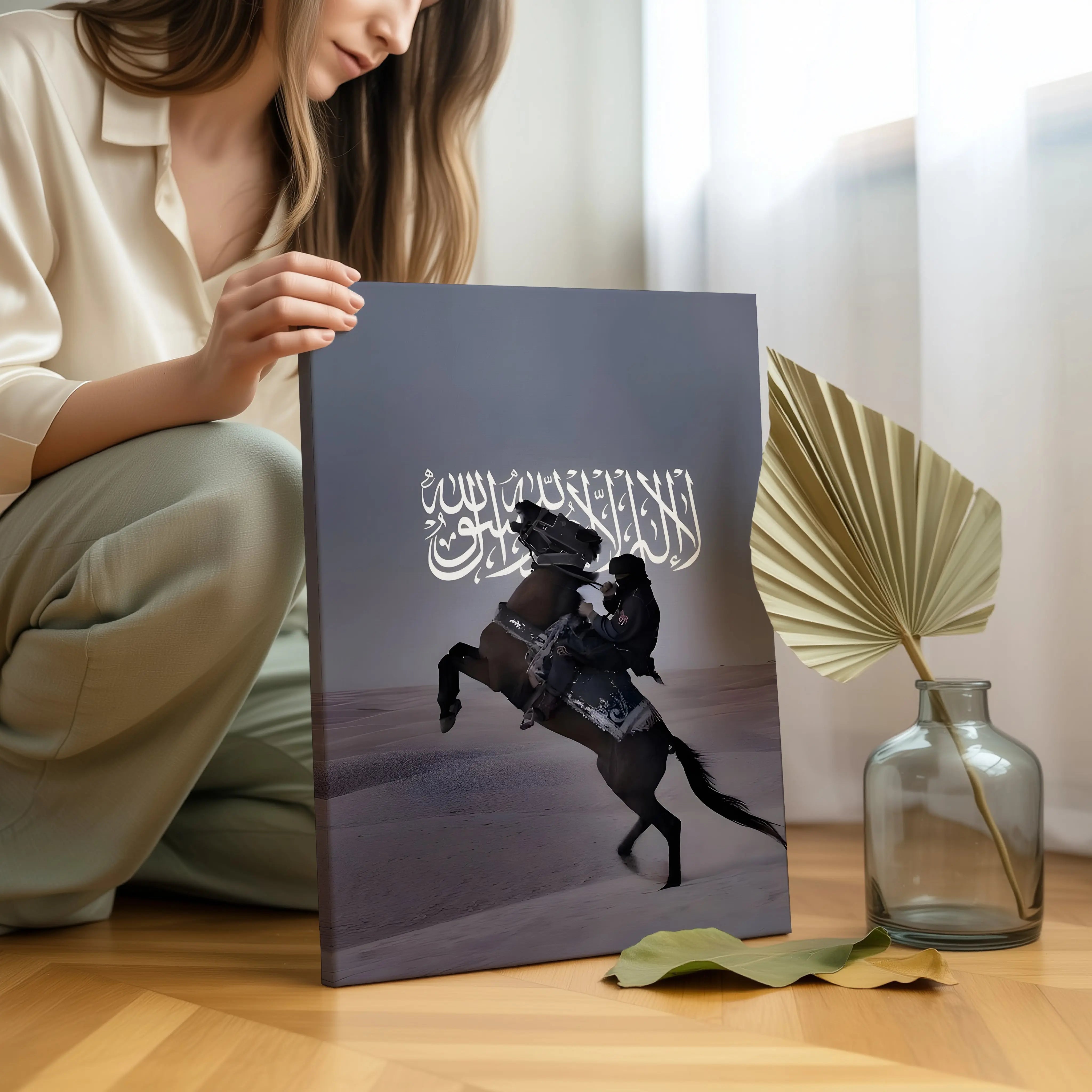 Shahada Desert Warrior Art – Islamic Calligraphy Horse Wall Art | 4K Ultra Wrap Frame Wall Art in Pakistan | IBRELIA™ IBRELIA