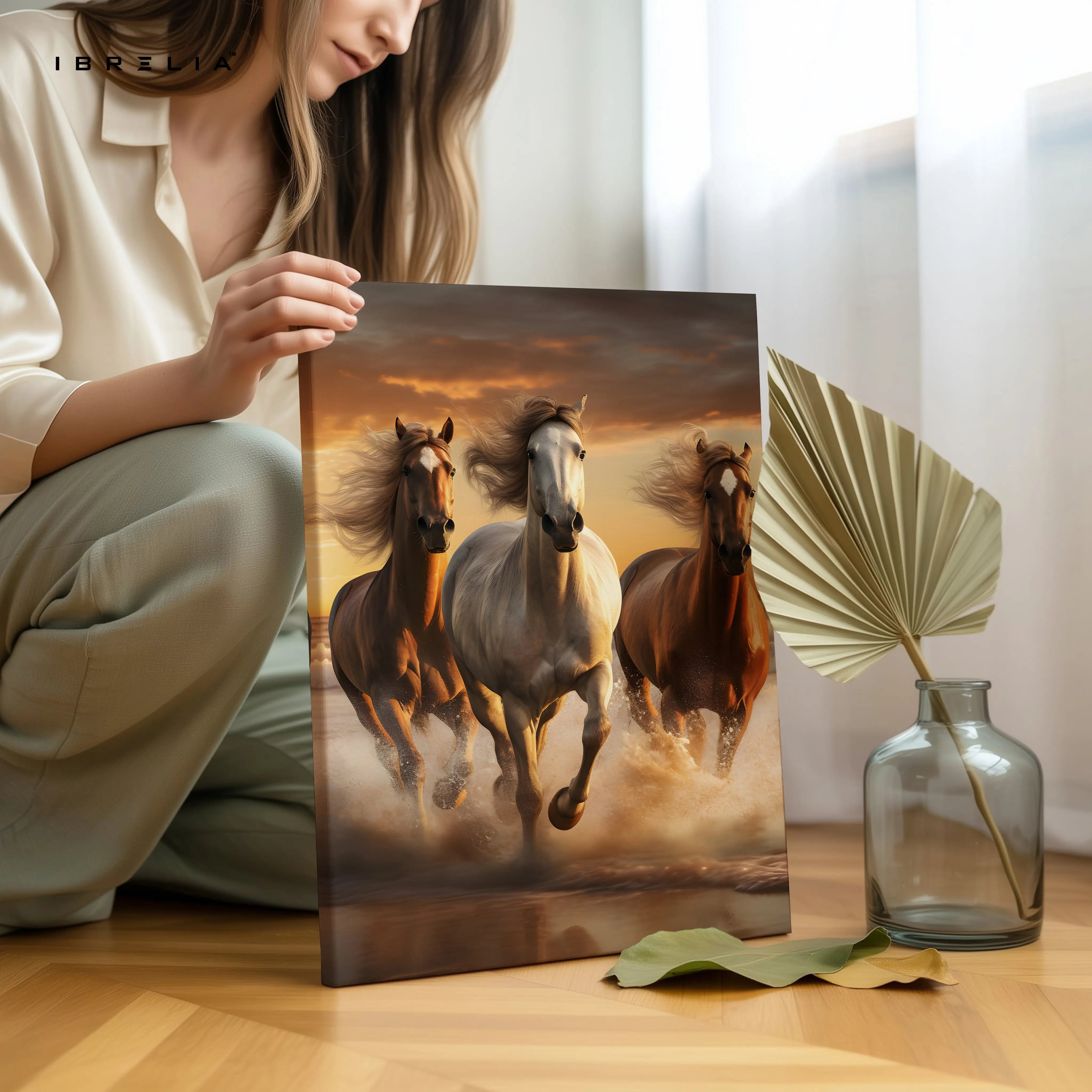 Wild Stallions Power Art – Running Horses Golden Sunset Wall Art | 4K Ultra Wrap Frame Wall Art in Pakistan | IBRELIA™ IBRELIA