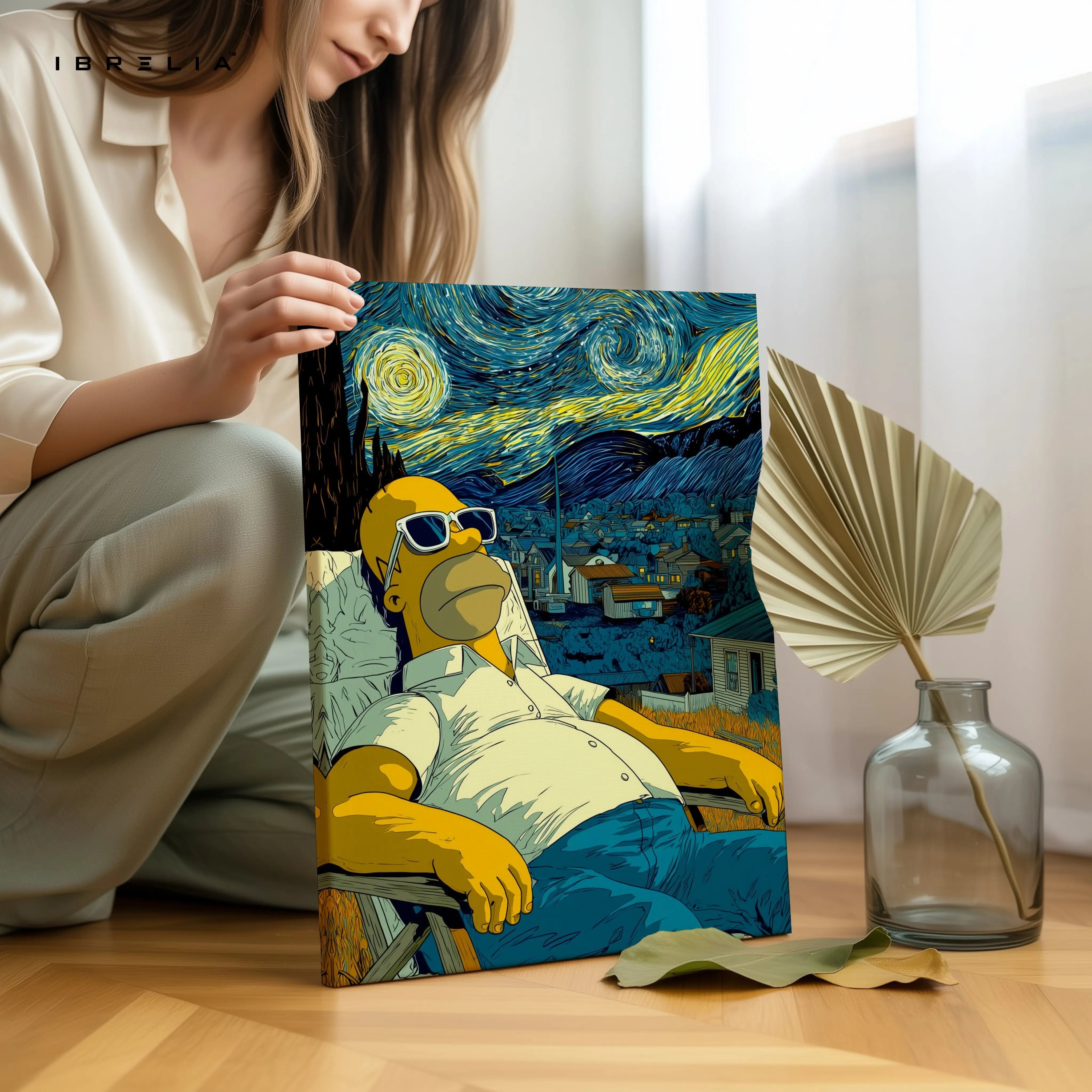Starry Night Cartoon Relax Wall Art – Artistic Parody Canvas Frame | Aesthetic Chill Poster Pakistan | IBRELIA™ IBRELIA
