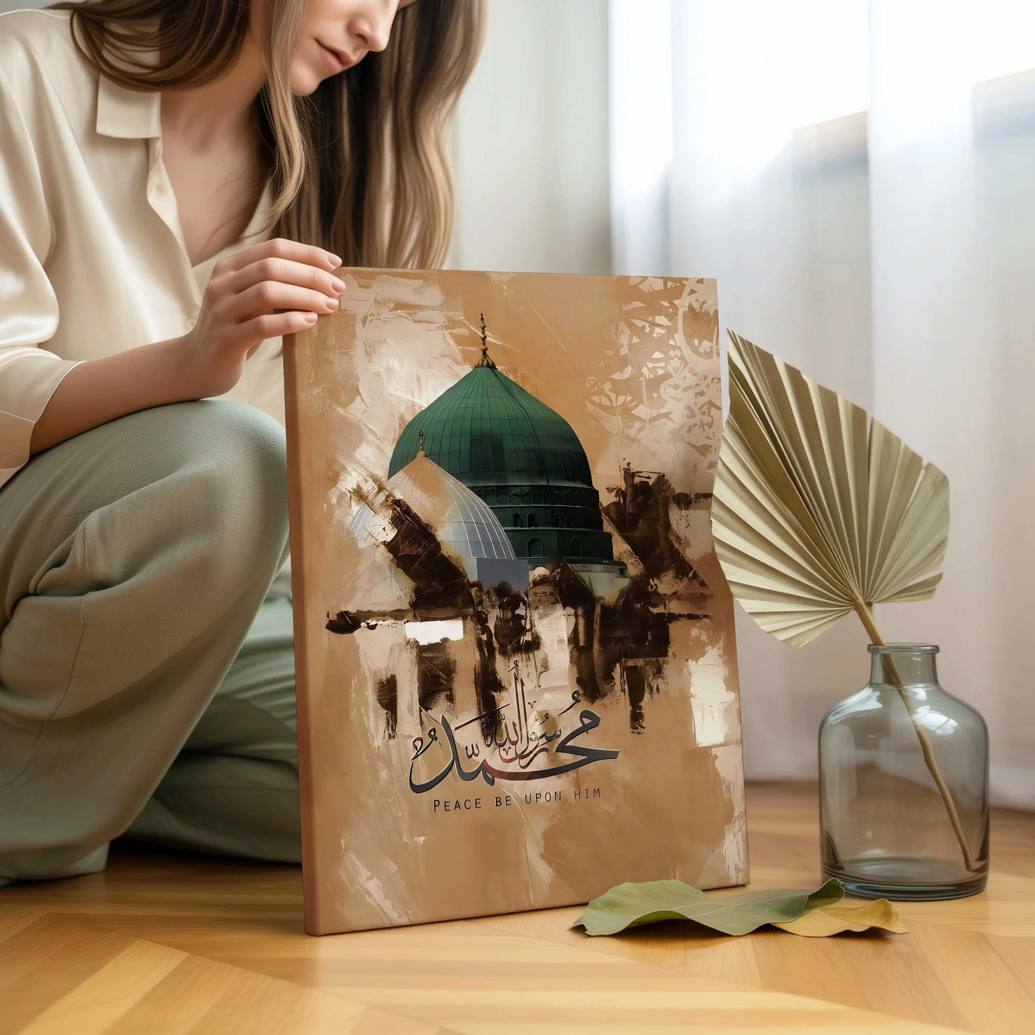 Prophet Muhammad (PBUH) Calligraphy Art – Masjid e Nabawi Green Dome Islamic Wall Art | 4K Ultra Wrap Frame Wall Art in Pakistan | IBRELIA™ IBRELIA