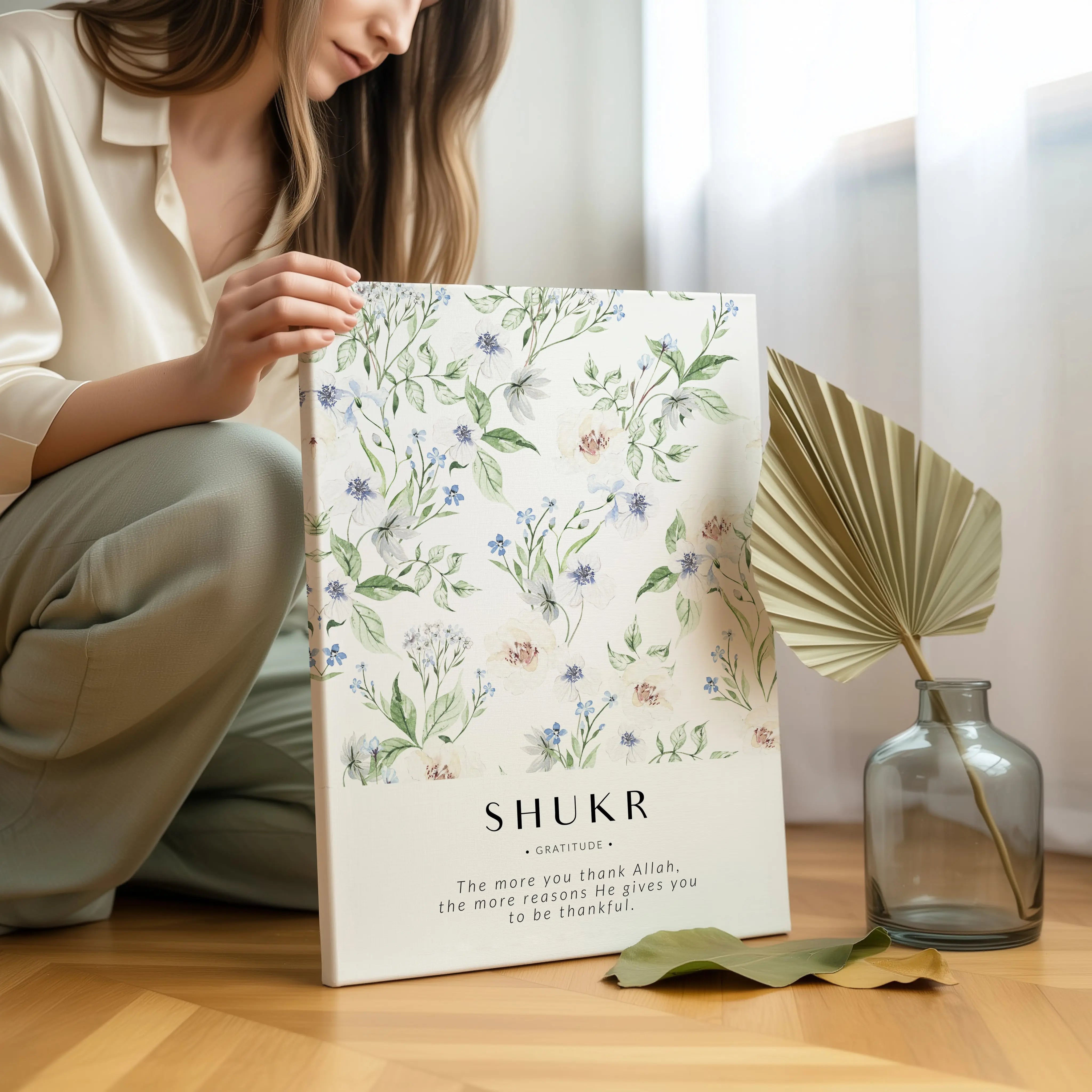 Shukr Gratitude Islamic Wall Art – Blue Floral Botanical Design | 4K Ultra Wrap Frame Wall Art in Pakistan | IBRELIA™ IBRELIA