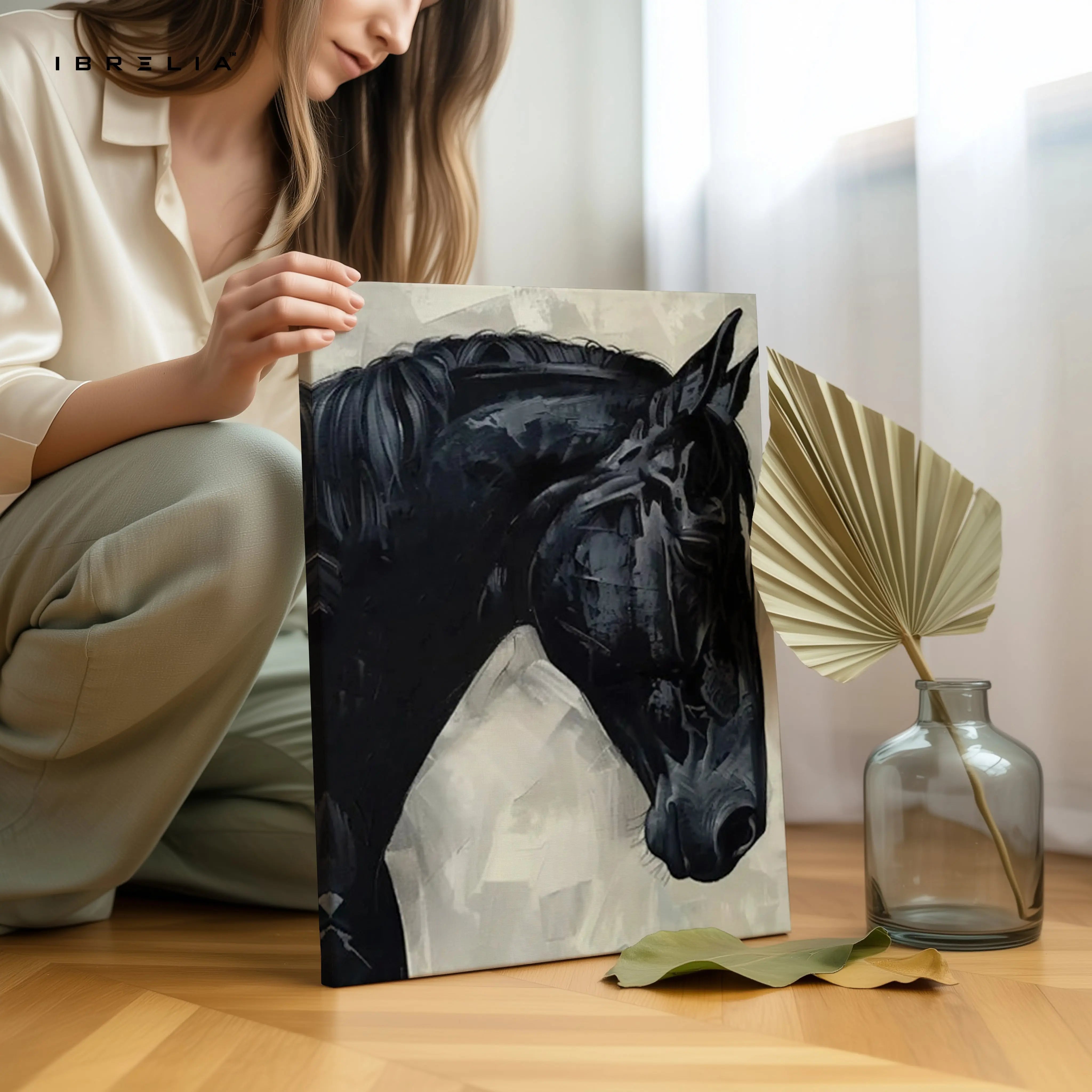 Black Stallion Abstract Art – Minimal Horse Portrait Luxury Wall Art | 4K Ultra Wrap Frame Wall Art in Pakistan | IBRELIA™ IBRELIA