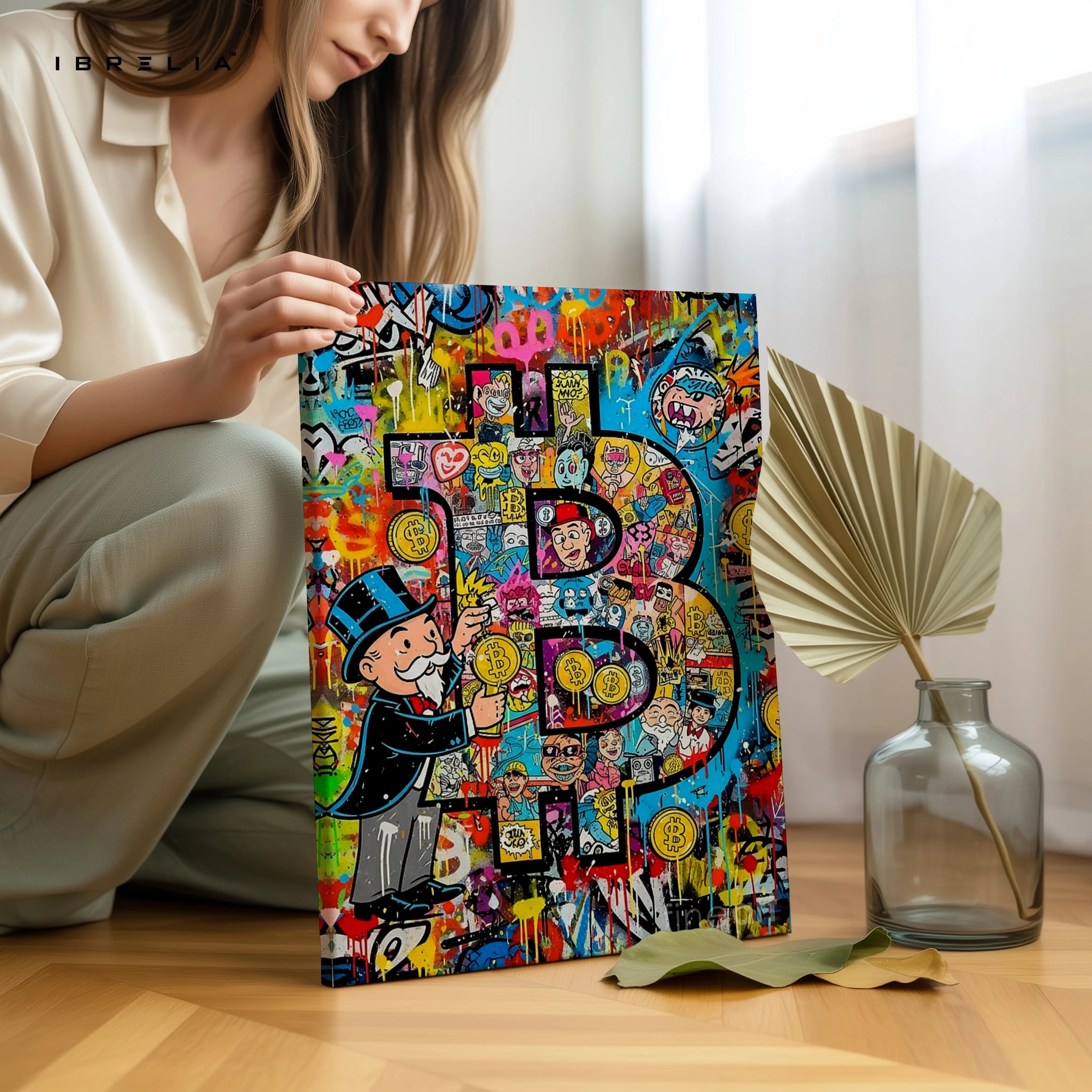 Bitcoin Graffiti Wall Art – Crypto Street Art Canvas | Monopoly Bitcoin Poster | Modern Finance Wall Decor Pakistan | IBRELIA™ IBRELIA