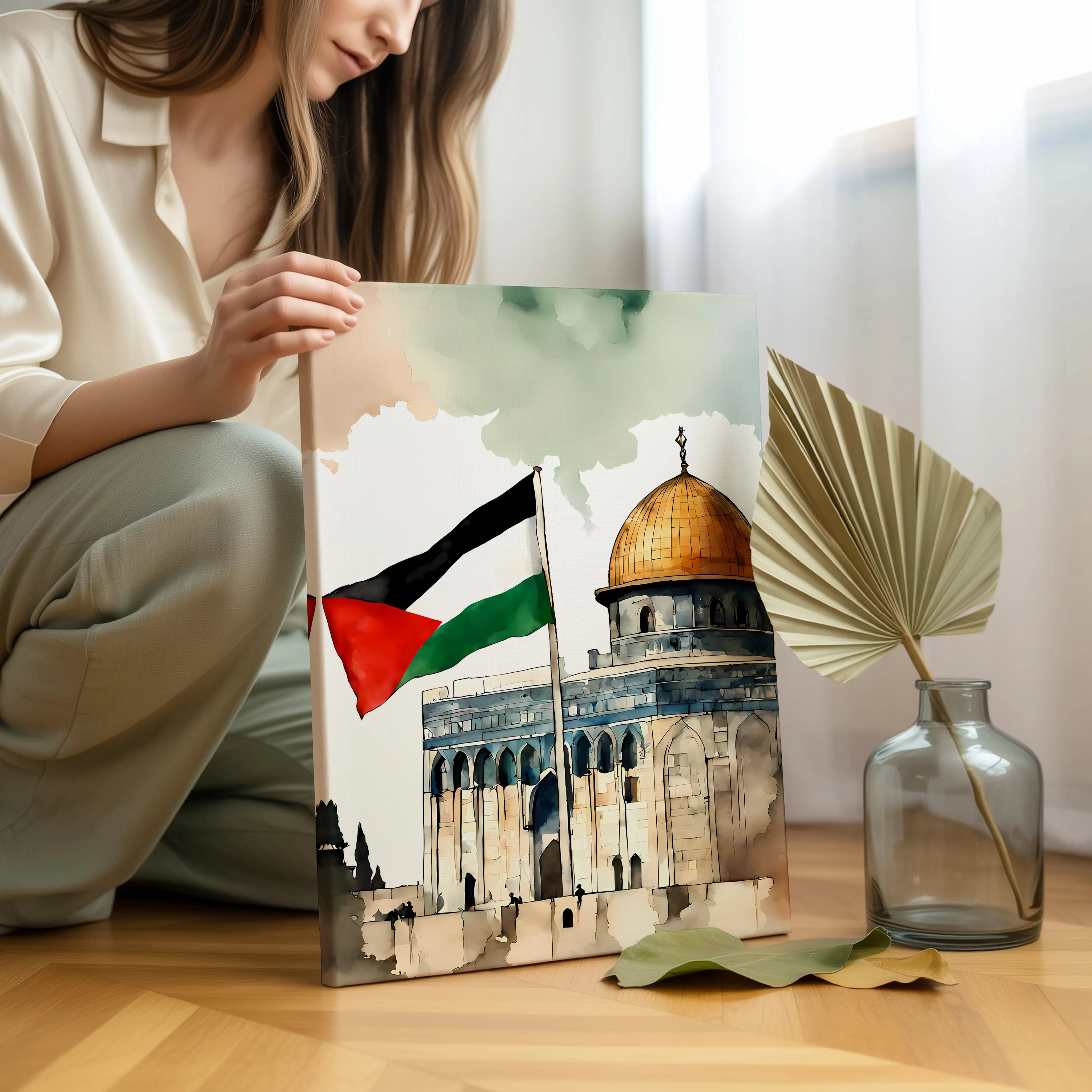 Dome of the Rock Palestine Flag Art – Jerusalem Watercolor Wall Art | 4K Ultra Wrap Frame Wall Art in Pakistan | IBRELIA™ IBRELIA