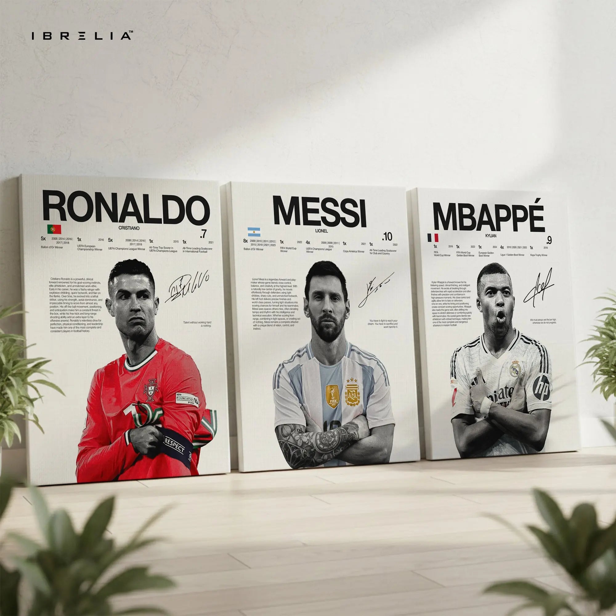 Ronaldo Messi Mbappé Football Legends 3 Panel 4K Ultra HD Wall Art in Pakistan | IBRELIA™ IBRELIA