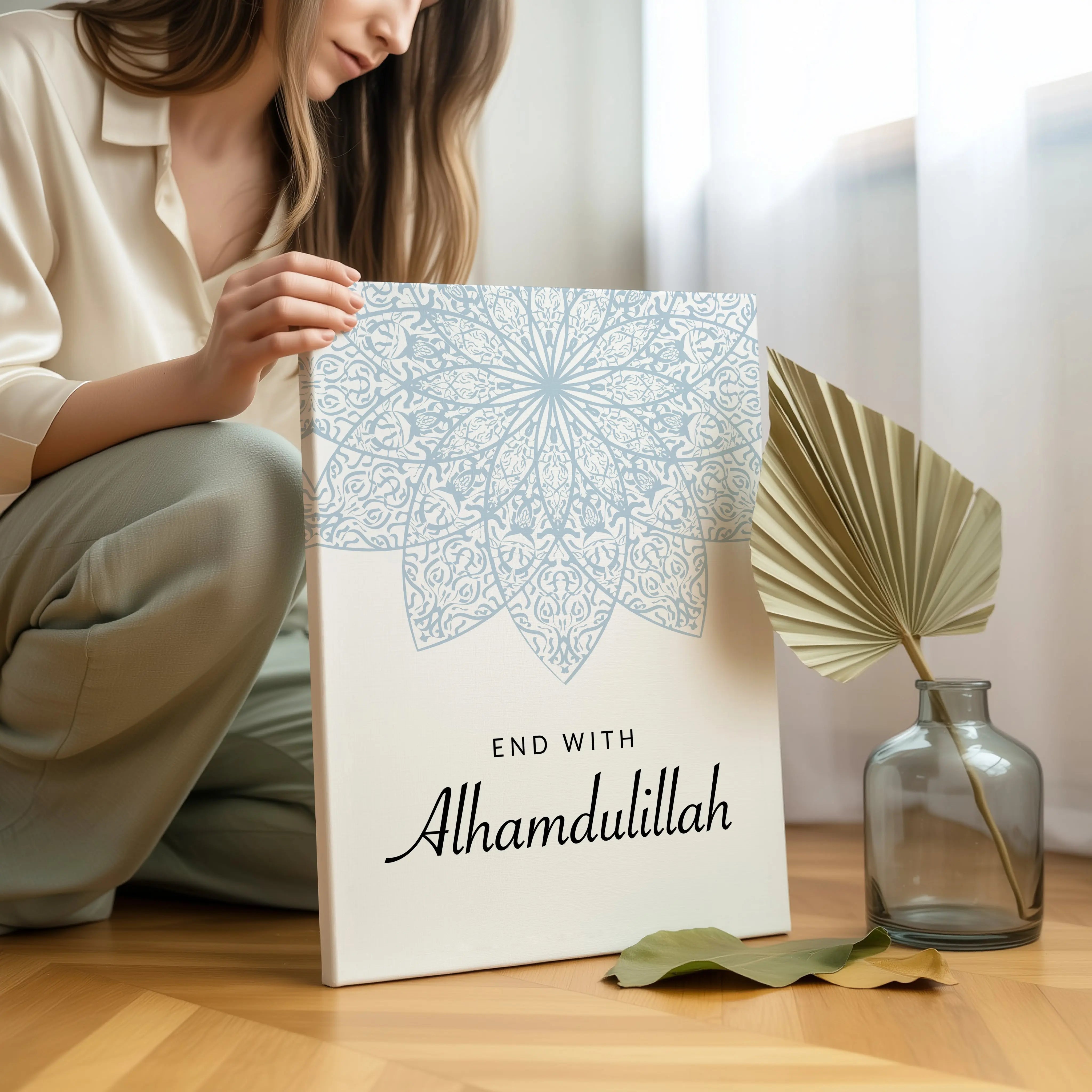 End With Alhamdulillah Islamic Wall Art – Soft Blue Mandala Design | 4K Ultra Wrap Frame Wall Art in Pakistan | IBRELIA™ IBRELIA