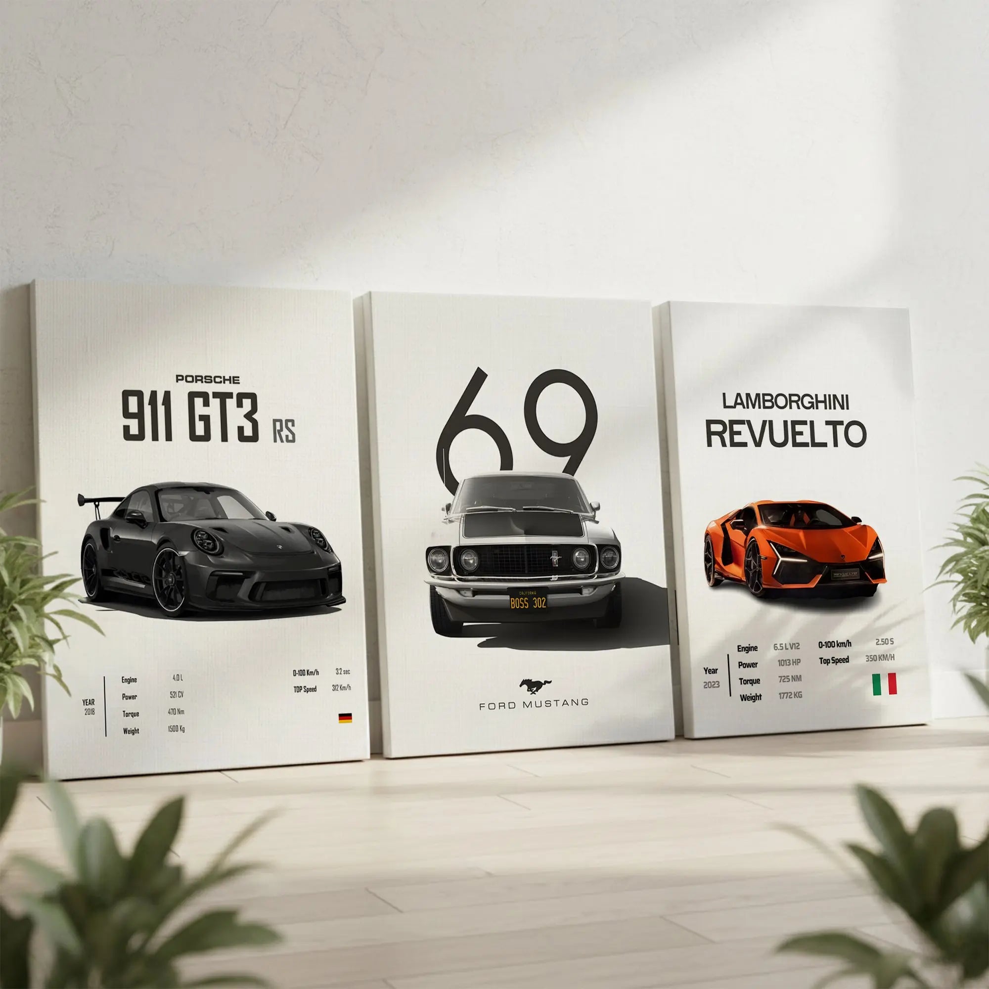 Supercar Legends Porsche Mustang Lamborghini 3 Panel 4K Ultra HD Wall Art in Pakistan | IBRELIA™ IBRELIA