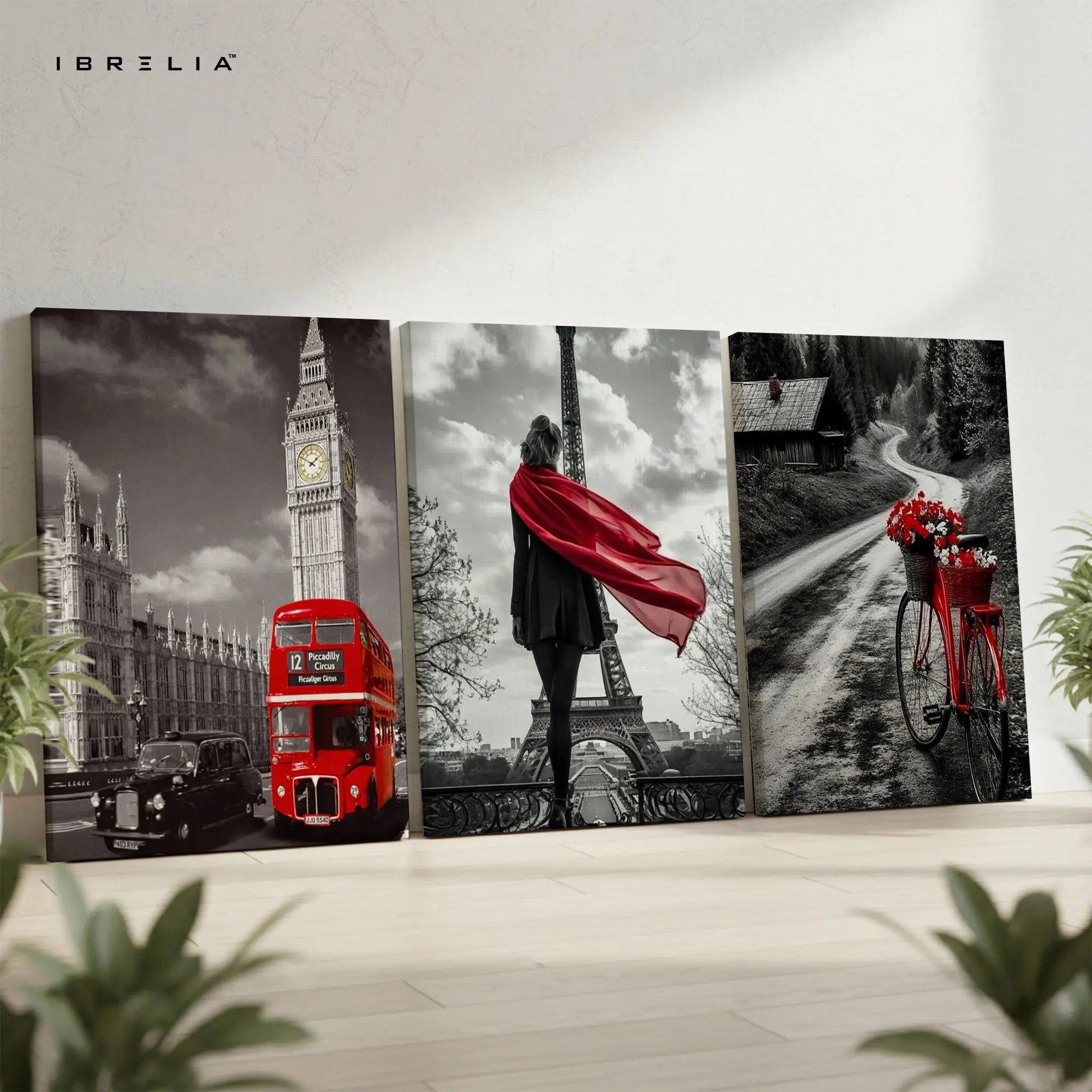 European Red Accent Travel 3 Panel 4K Ultra HD Wall Art in Pakistan | IBRELIA™ IBRELIA