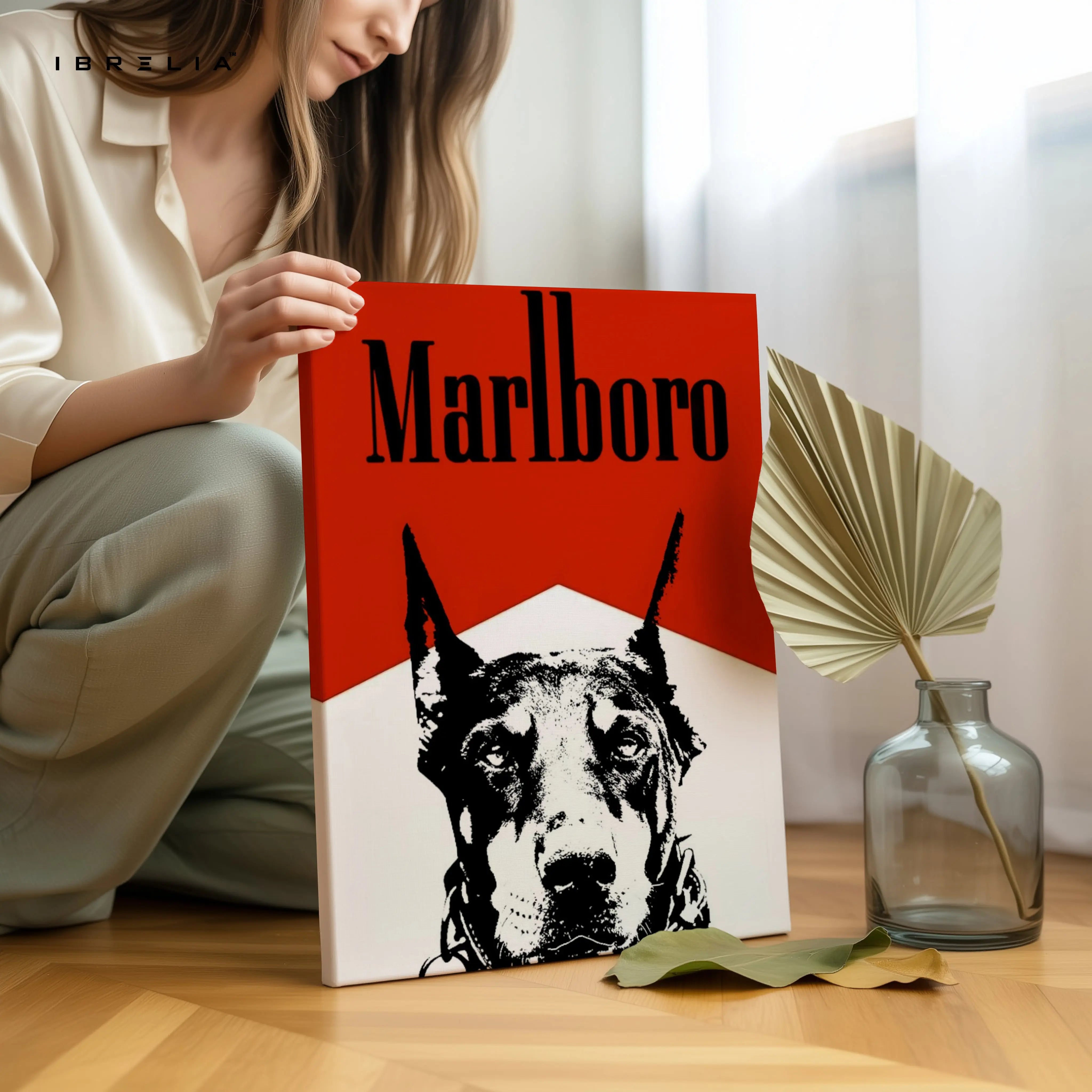 Doberman Vintage Poster Wall Art – Red Minimal Dog Canvas Frame | Retro Graphic Animal Poster Pakistan | IBRELIA™ IBRELIA