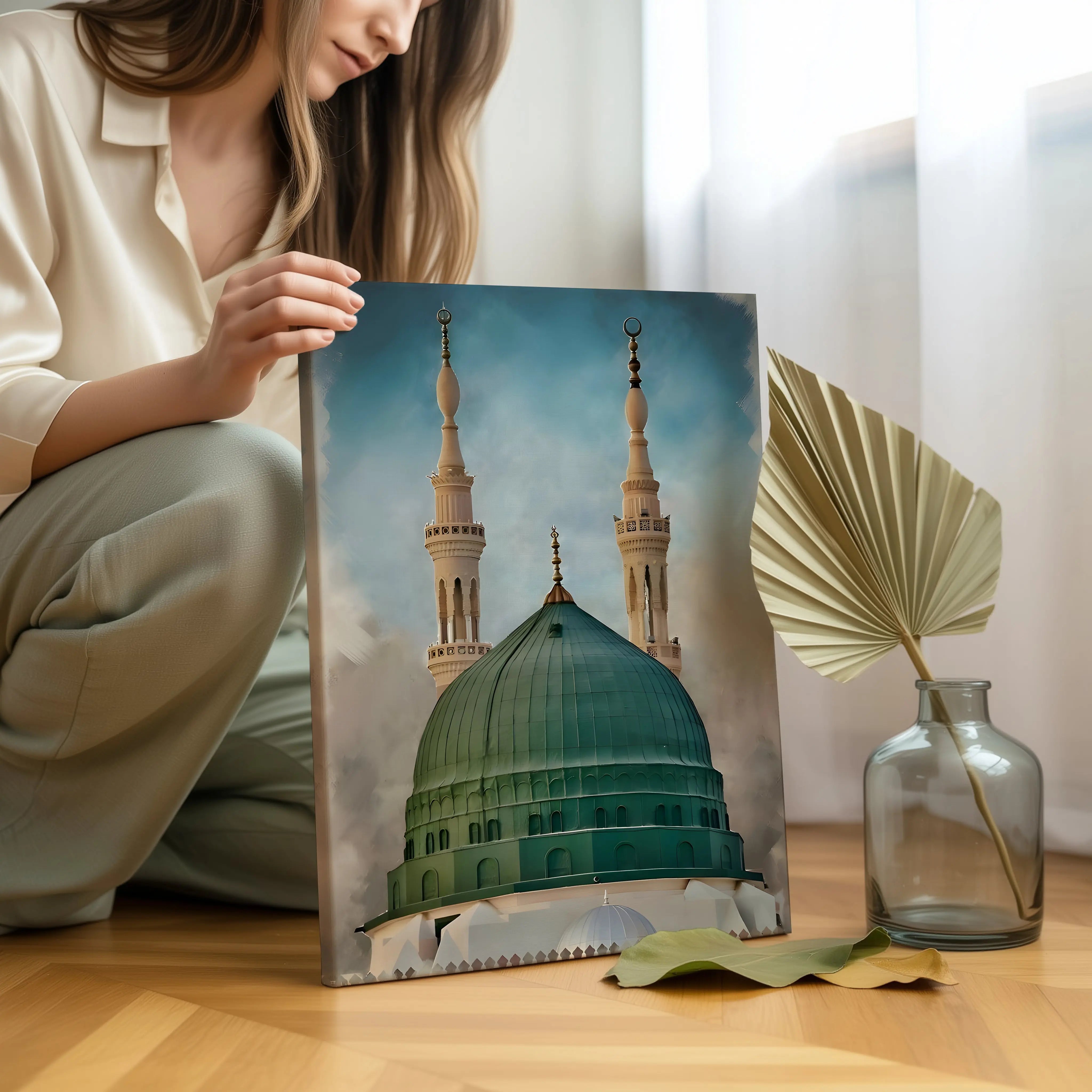 Masjid e Nabawi Green Dome Art – Madinah Islamic Architecture Wall Art | 4K Ultra Wrap Frame Wall Art in Pakistan | IBRELIA™ IBRELIA