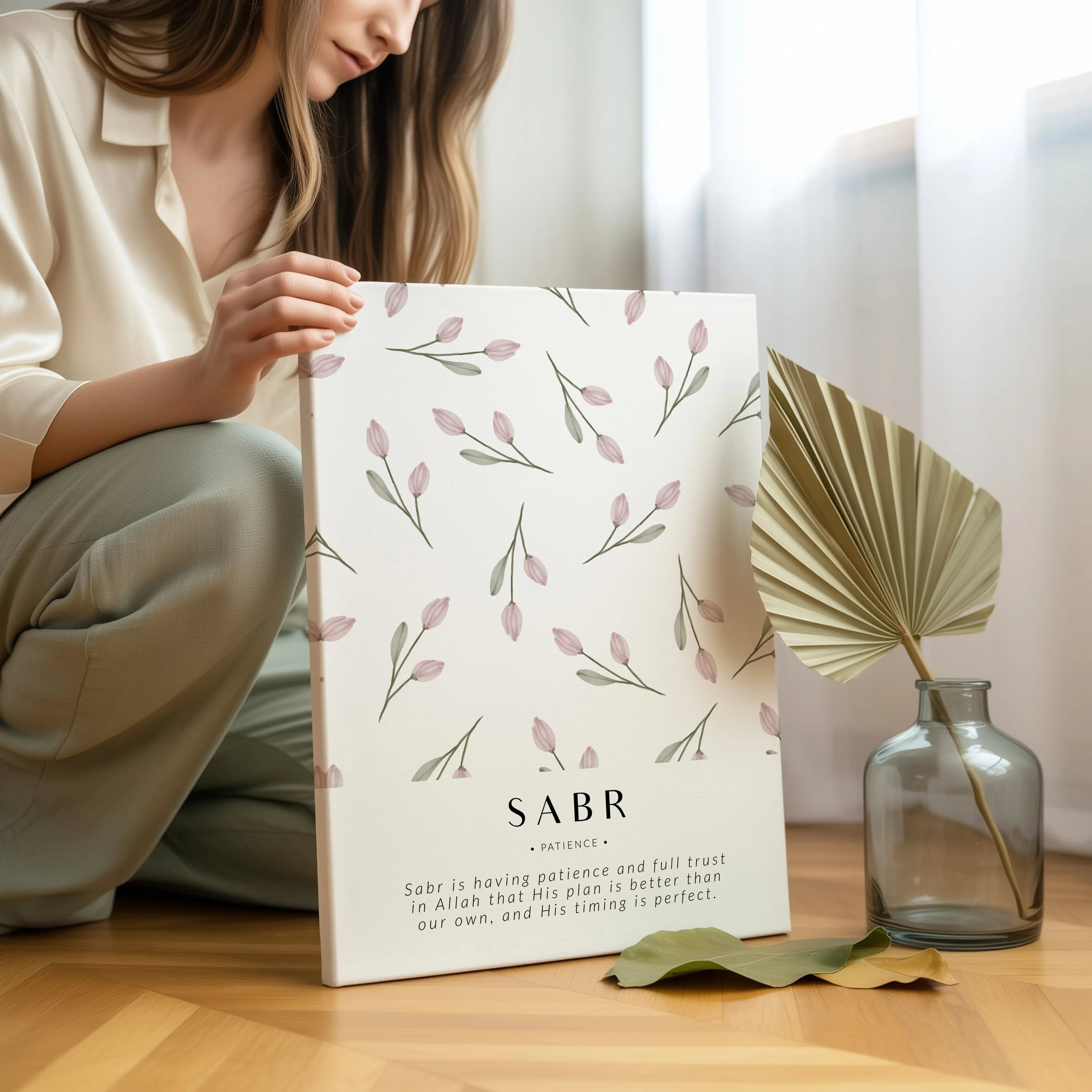 Sabr Patience Islamic Wall Art – Soft Pink Tulip Floral Design | 4K Ultra Wrap Frame Wall Art in Pakistan | IBRELIA™ IBRELIA