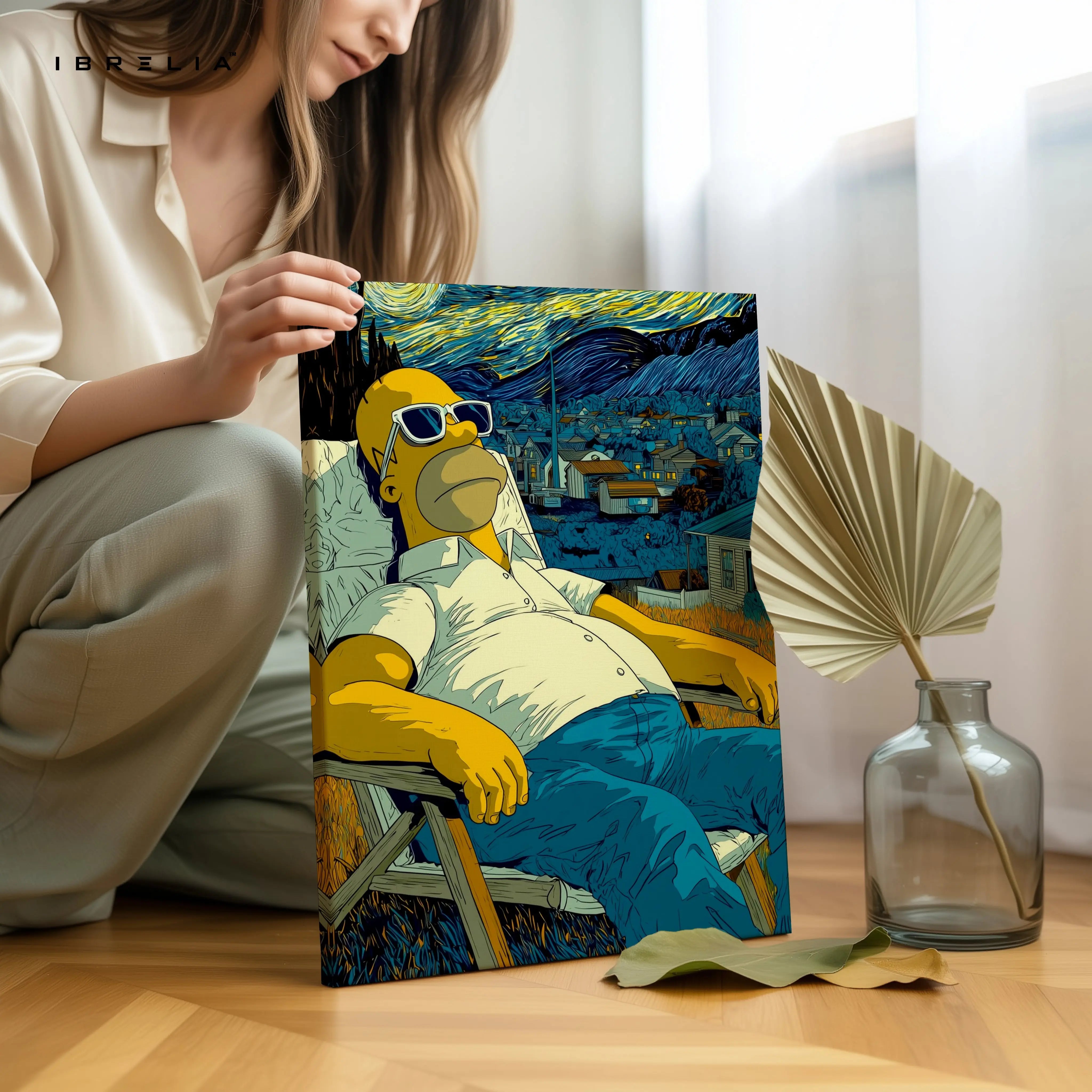 Homer Simpson Starry Chill Wall Art – Artistic Cartoon Canvas Frame | Van Gogh Style Aesthetic Decor Pakistan | IBRELIA™ IBRELIA