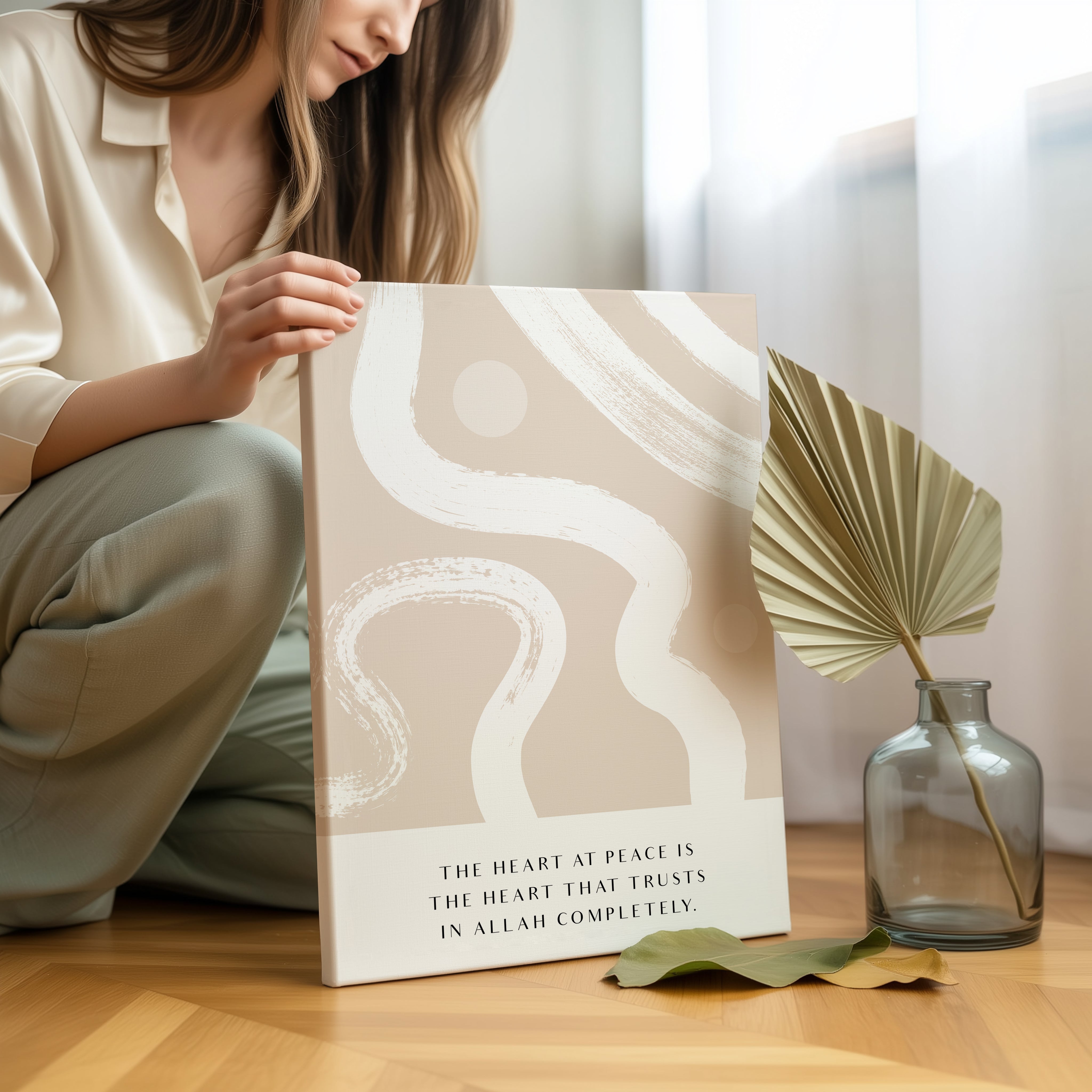 The Heart at Peace Islamic Quote Wall Art – Modern Neutral Abstract Design | 4K Ultra Wrap Frame Wall Art in Pakistan | IBRELIA™