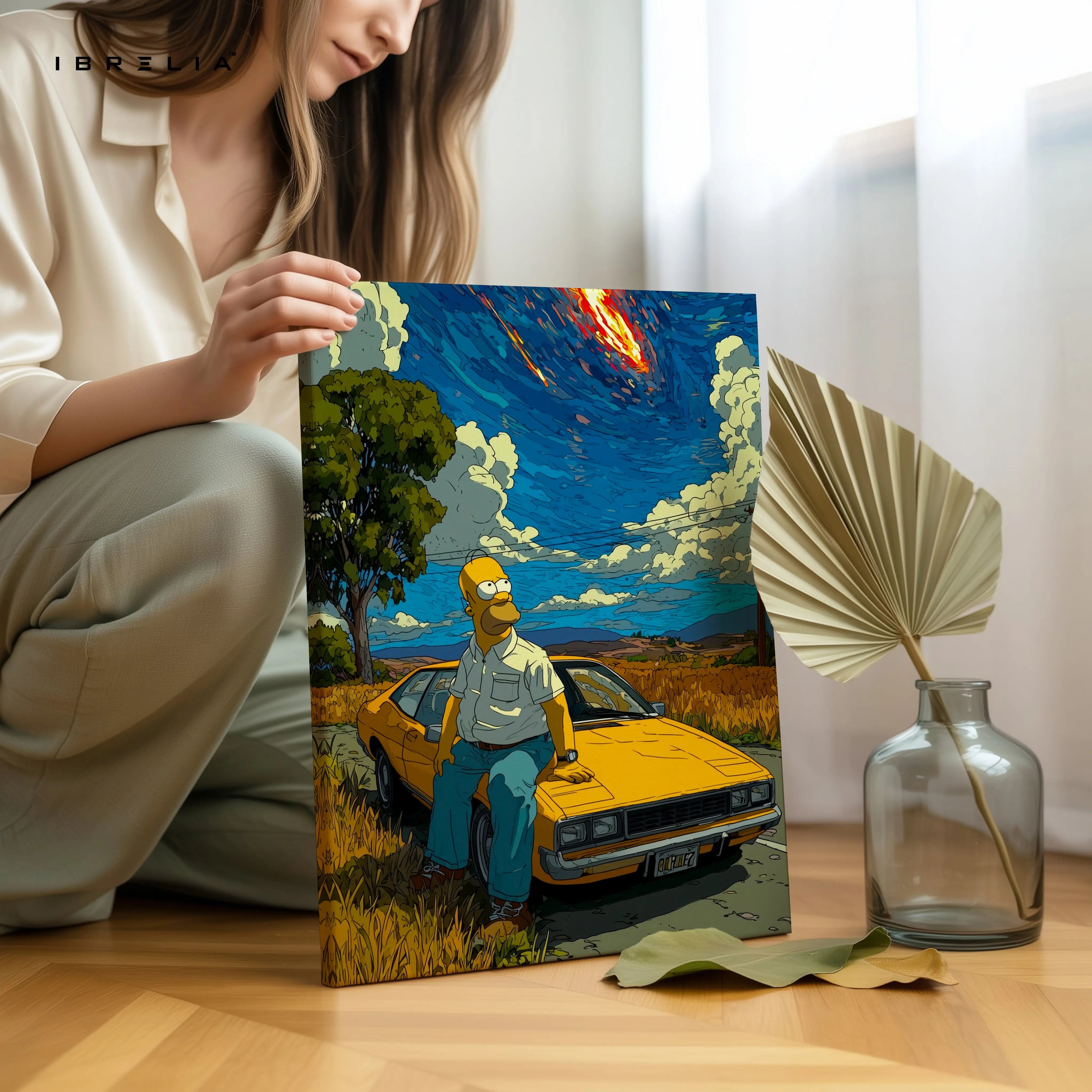 Cartoon Desert Sky Wall Art – Aesthetic Car Scene Canvas Frame | Cinematic Illustration Poster Pakistan | IBRELIA™ IBRELIA