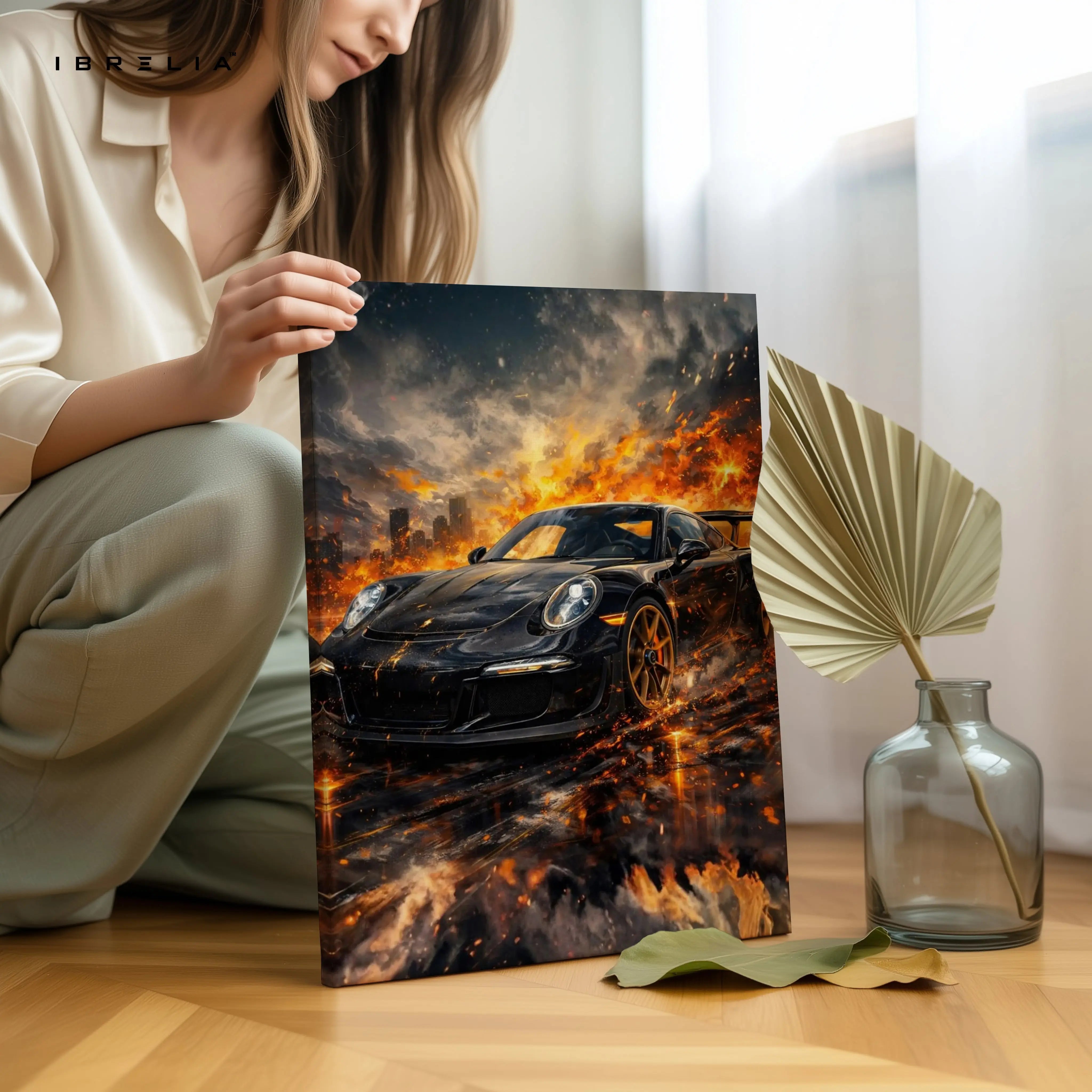 Porsche Firestorm Wall Art – Cinematic Supercar Explosion Poster | 4K Ultra Wrap Frame Wall Art in Pakistan | IBRELIA™ IBRELIA
