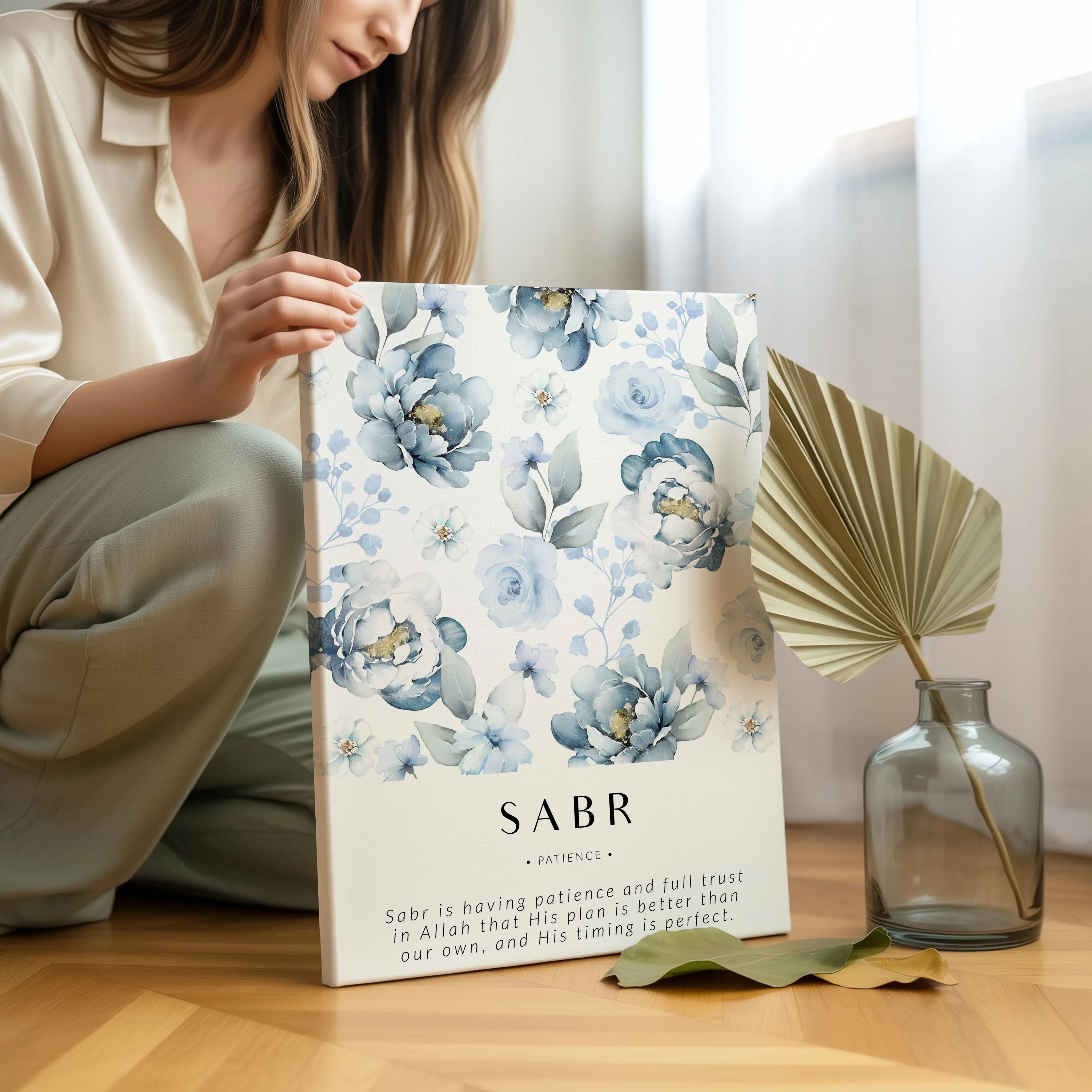 Sabr Islamic Wall Art – Blue Floral Patience Design | 4K Ultra Wrap Frame Wall Art in Pakistan | IBRELIA™ IBRELIA