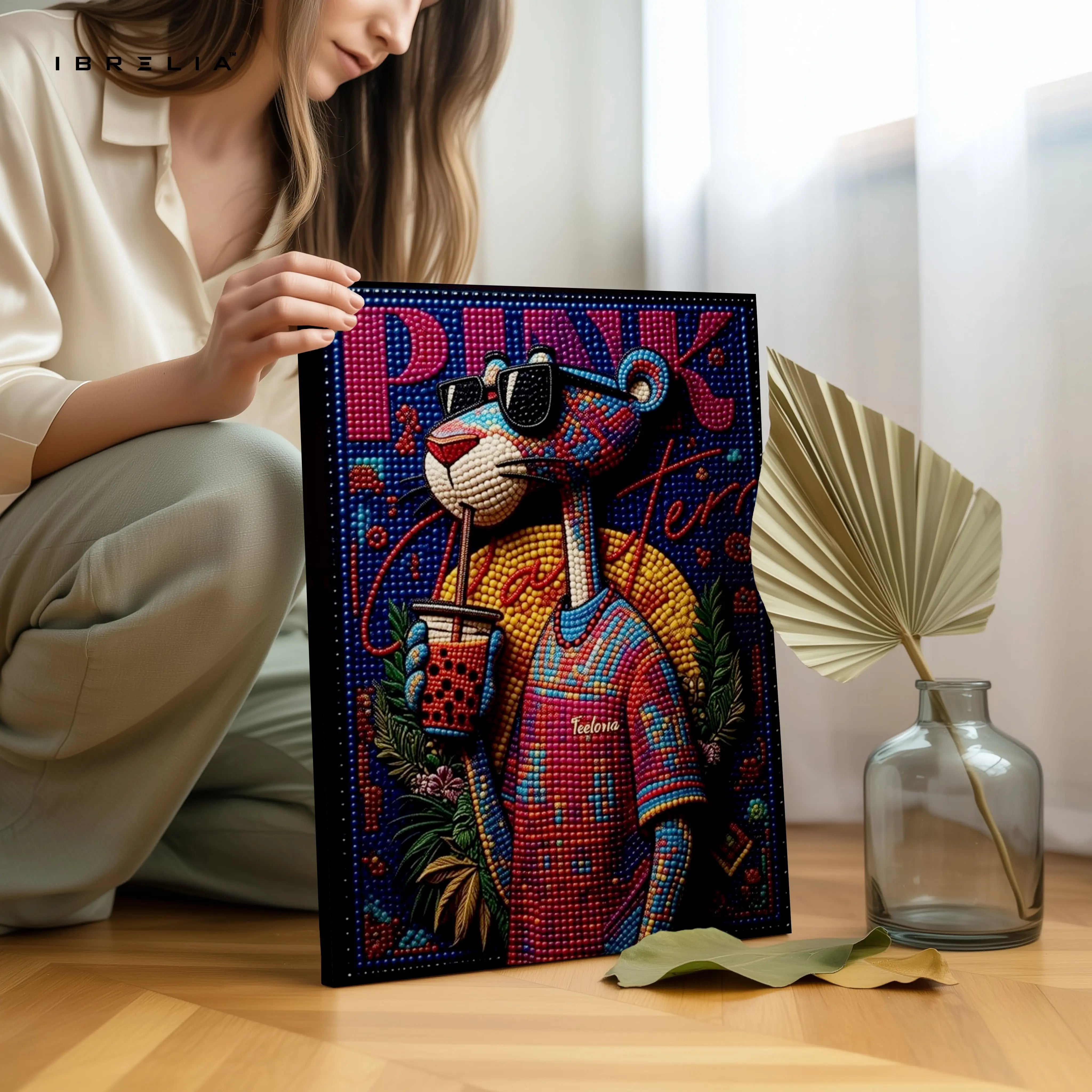 Pink Panther Bubble Tea Wall Art – Pop Art Cartoon Canvas Frame | Colorful Street Style Decor Pakistan | IBRELIA™ IBRELIA