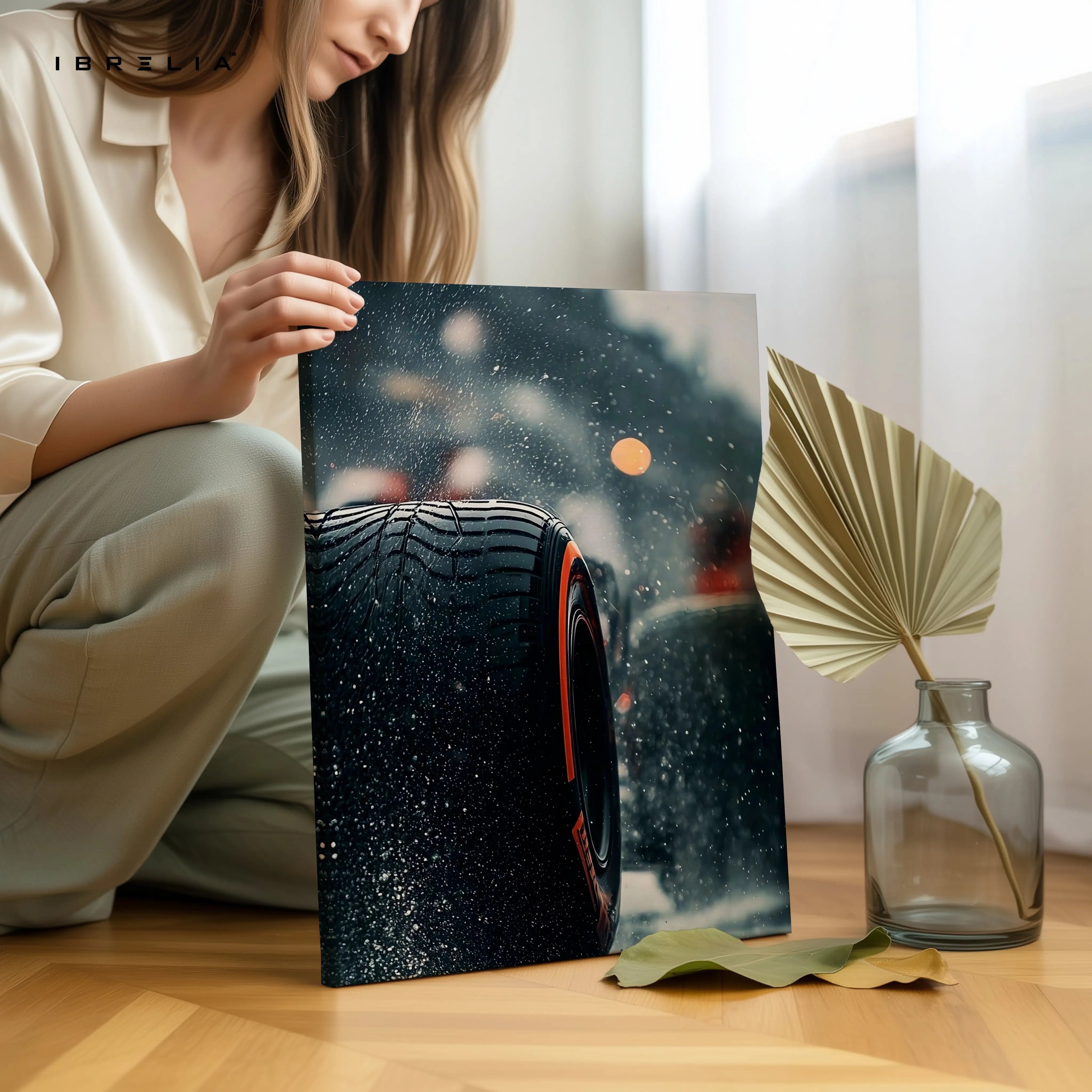 Performance Tire Rain Motion Wall Art – High Speed Automotive Canvas Frame Pakistan | Racing Detail Poster | IBRELIA™ IBRELIA