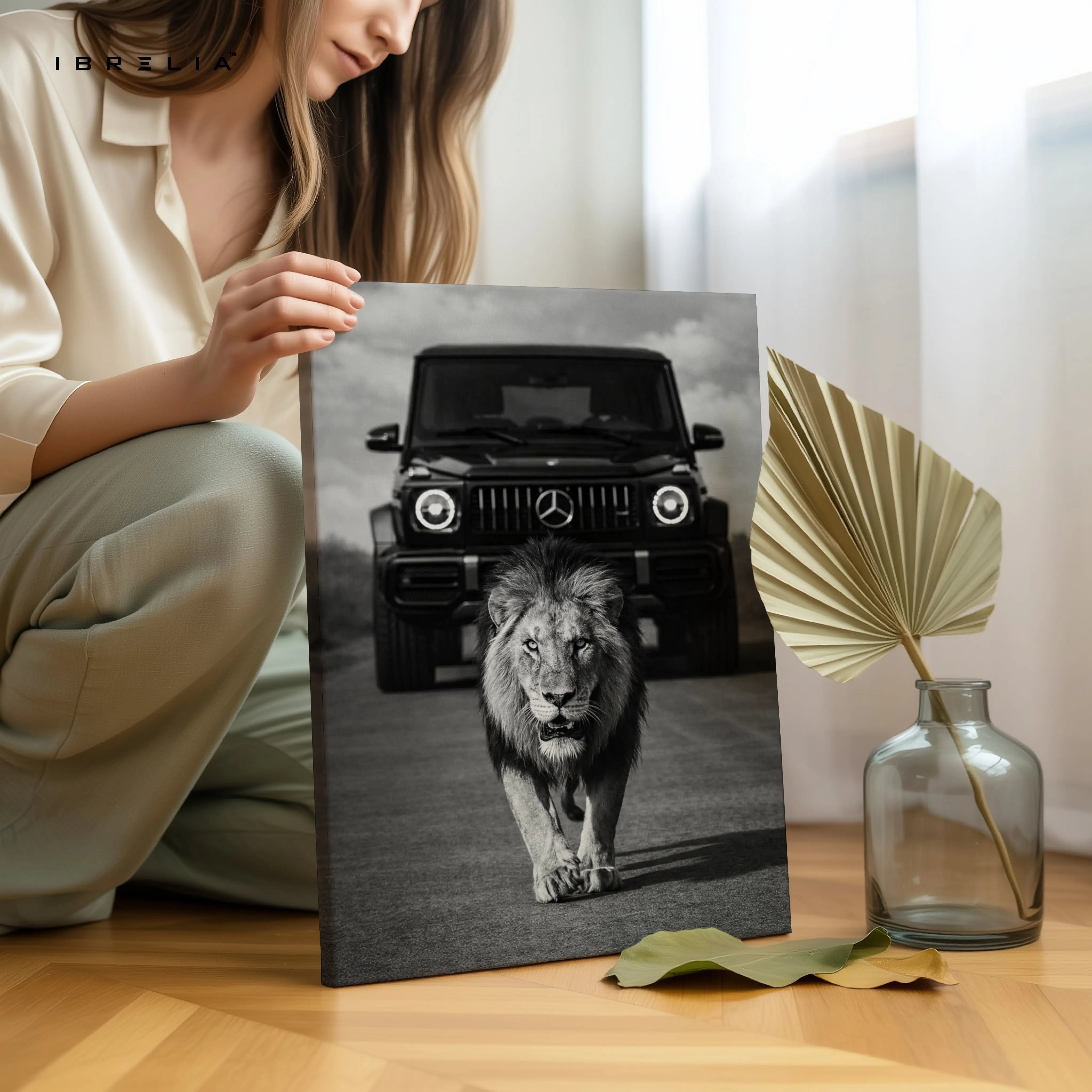 Lion & G Wagon Power Wall Art – Luxury Beast Black & White Canvas Frame | Bold Animal Car Poster Pakistan | IBRELIA™ IBRELIA