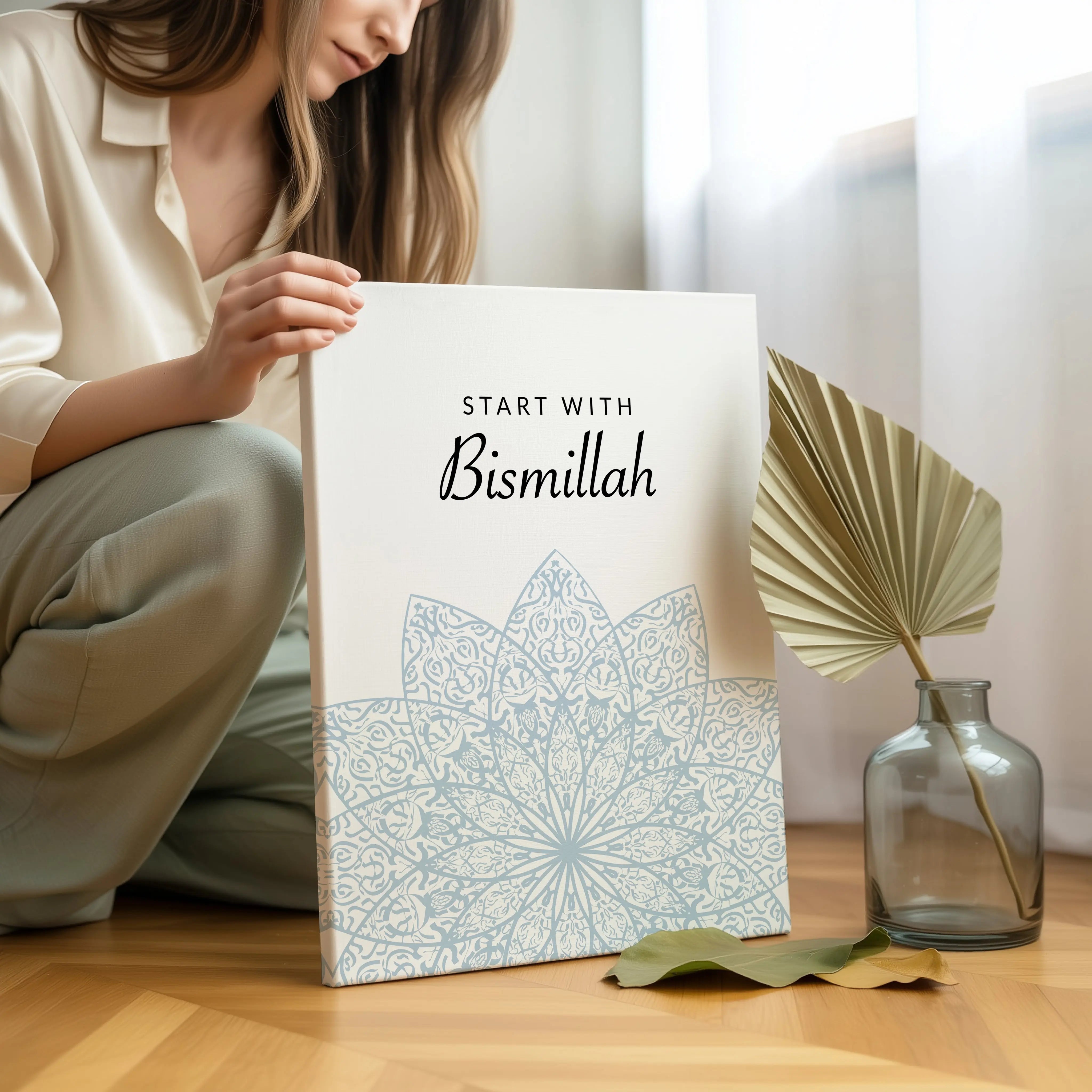 Start With Bismillah Islamic Wall Art – Soft Blue Mandala Design | 4K Ultra Wrap Frame Wall Art in Pakistan | IBRELIA™ IBRELIA