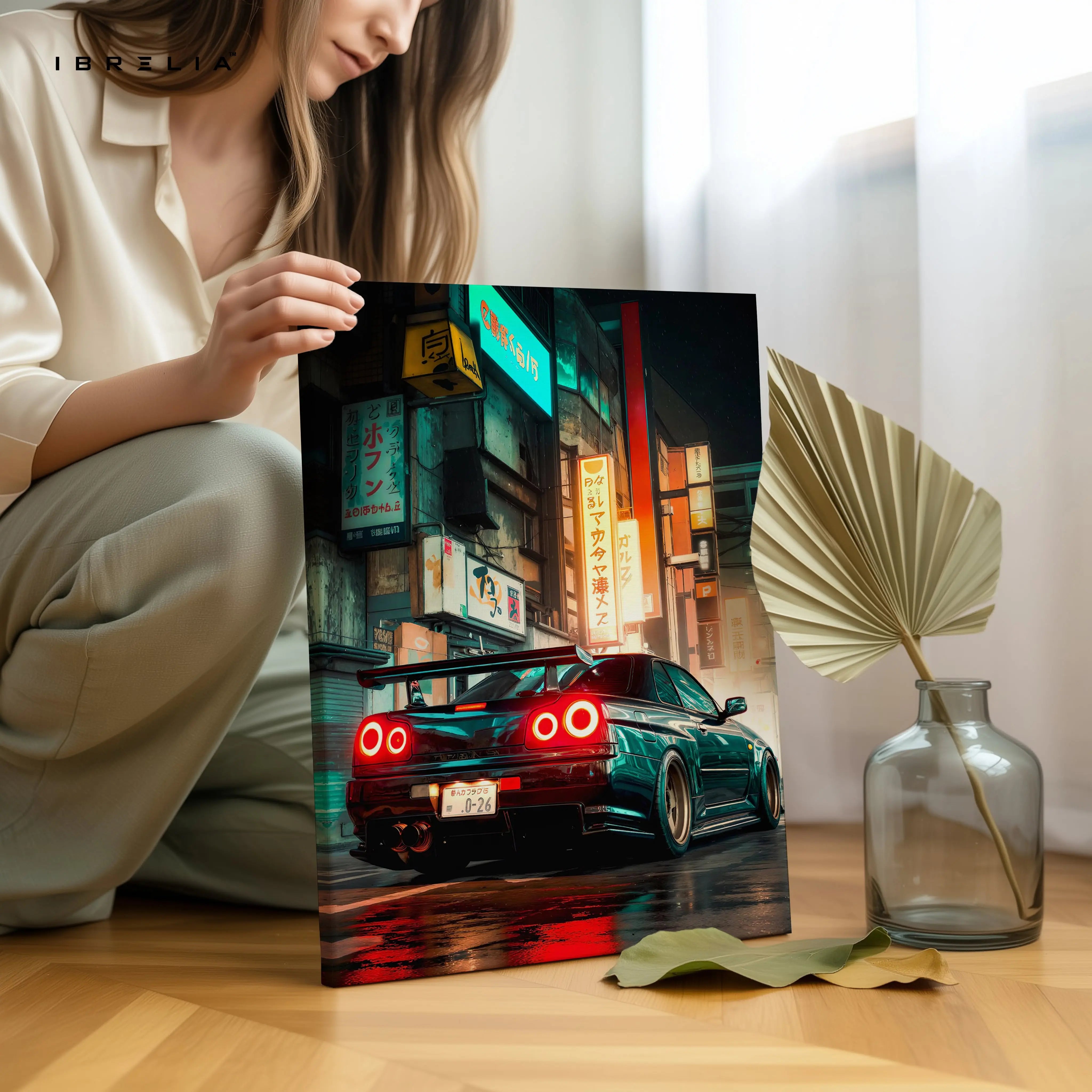 JDM Neon Night Street Car Art – Cyberpunk Tokyo Style Sports Car Wall Art | 4K Ultra Wrap Frame Wall Art in Pakistan | IBRELIA™ IBRELIA
