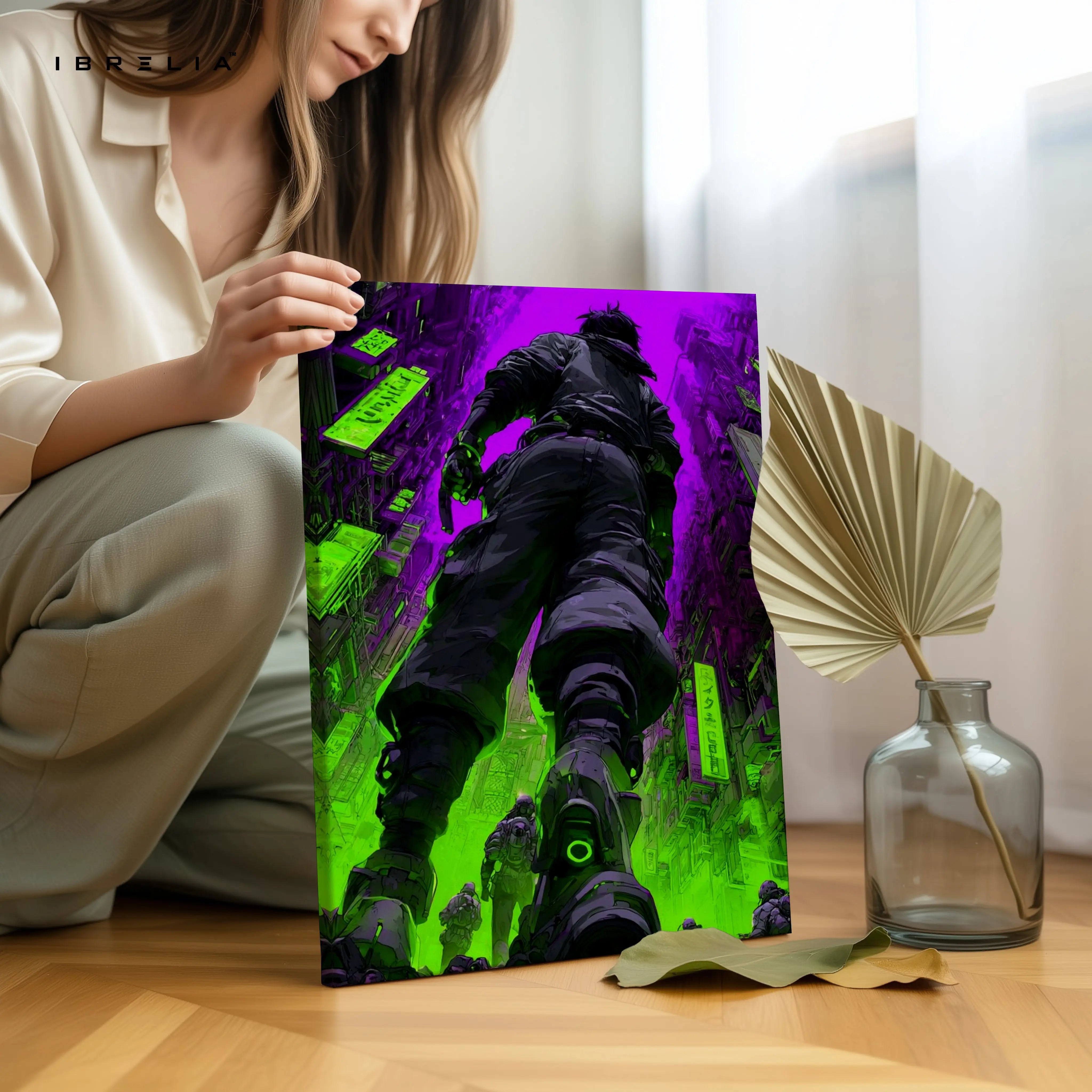 Cyberpunk Neon Soldier Wall Art – Futuristic City Canvas Frame | Sci-Fi Gaming Poster Pakistan | IBRELIA™ IBRELIA