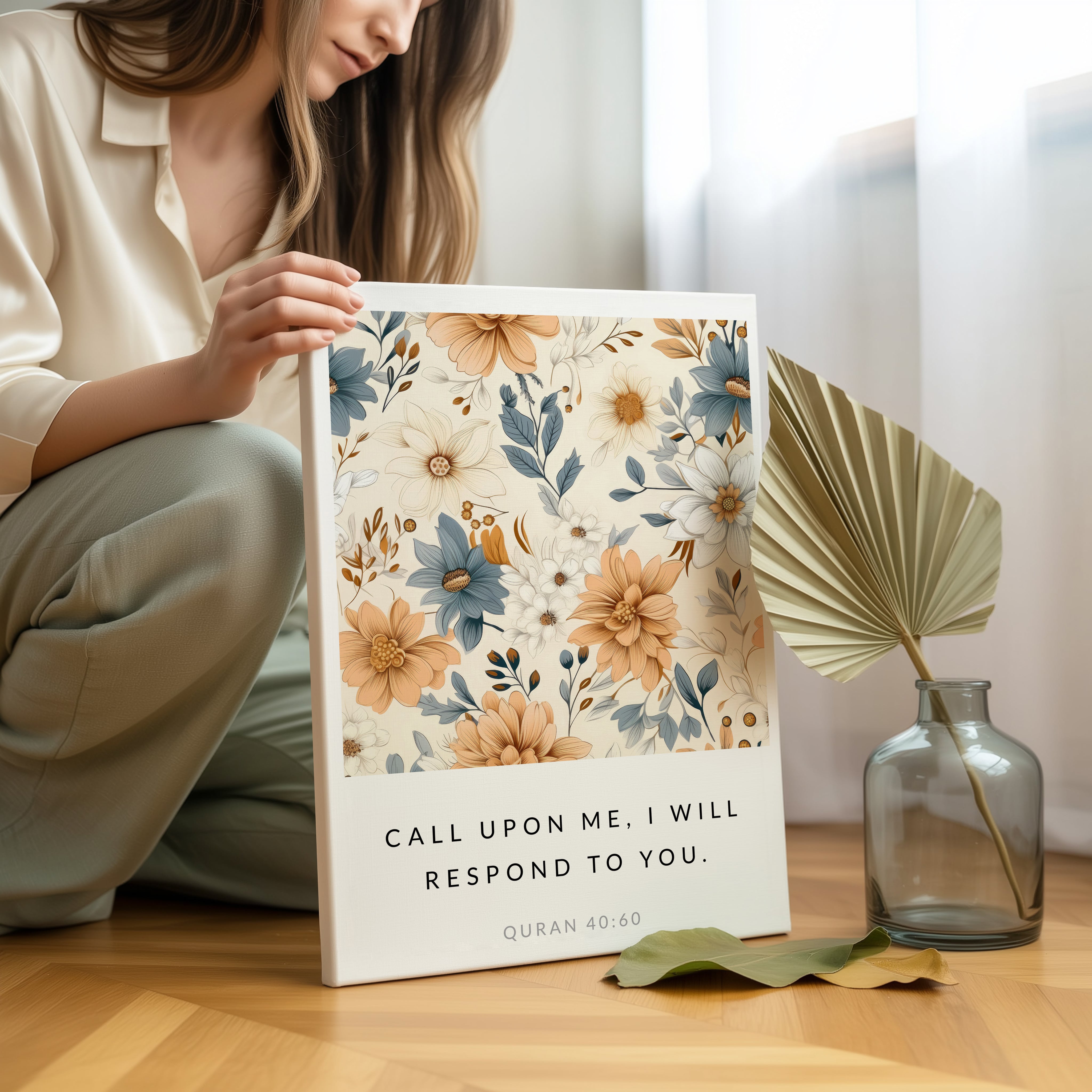 Call Upon Me Quran 40:60 Islamic Wall Art – Floral Botanical Design | 4K Ultra Wrap Frame Wall Art in Pakistan | IBRELIA™