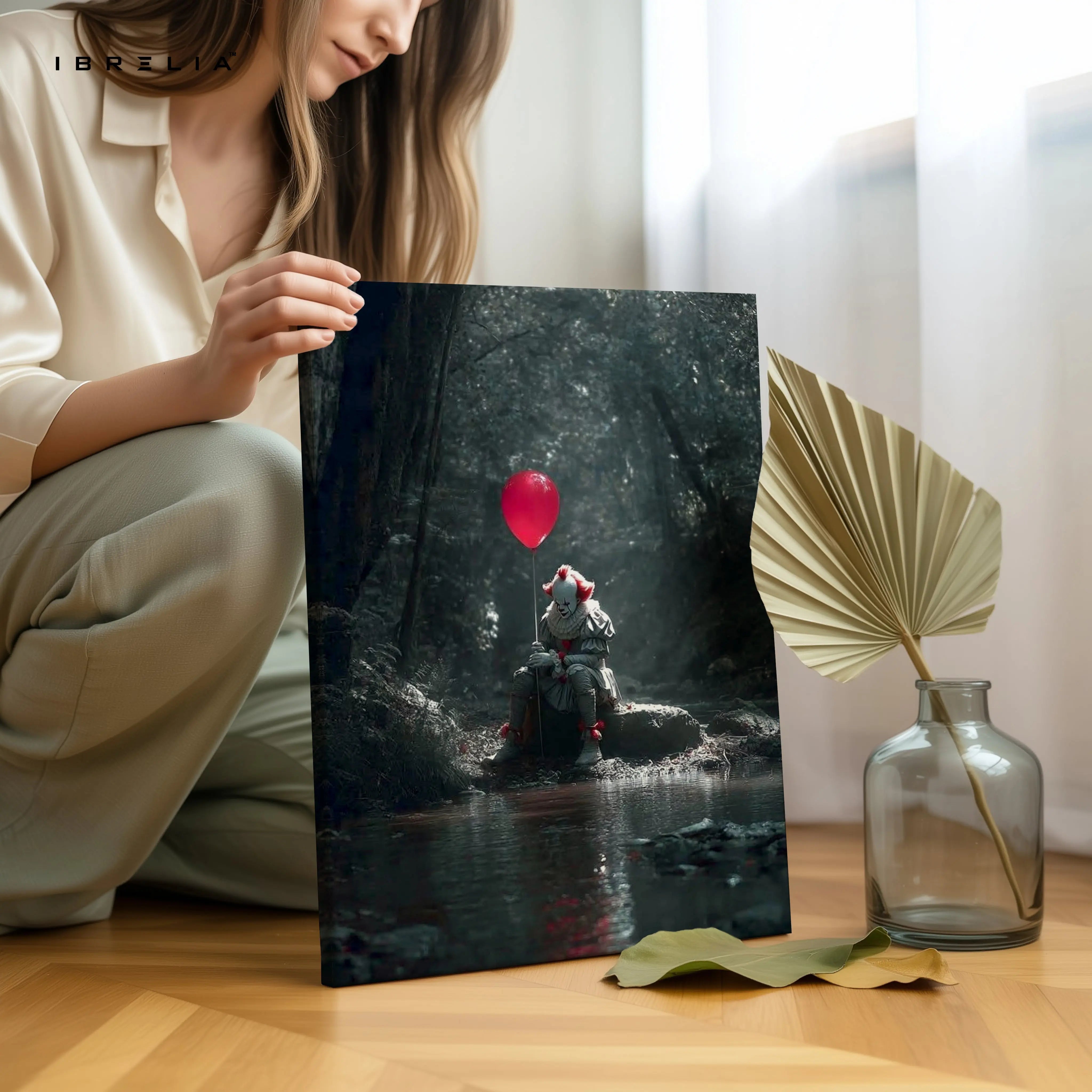 Pennywise Red Balloon Wall Art – IT Horror Movie Canvas Frame | Dark Cinematic Poster Pakistan | IBRELIA™ IBRELIA