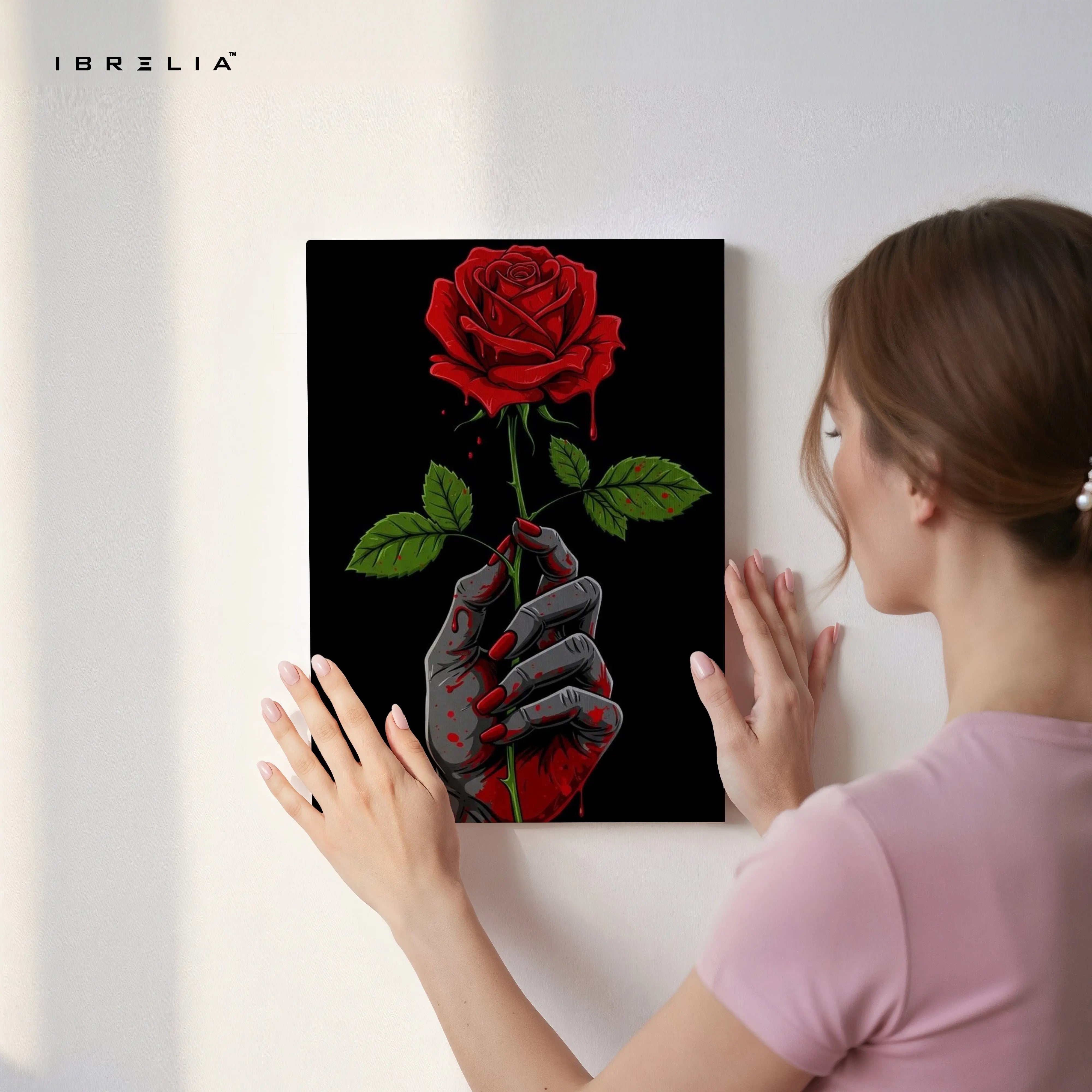 Crimson Bloom Hand – Dark Symbolic Rose Art | 4K Ultra Wrap Frame Wall Art in Pakistan | IBRELIA™ IBRELIA